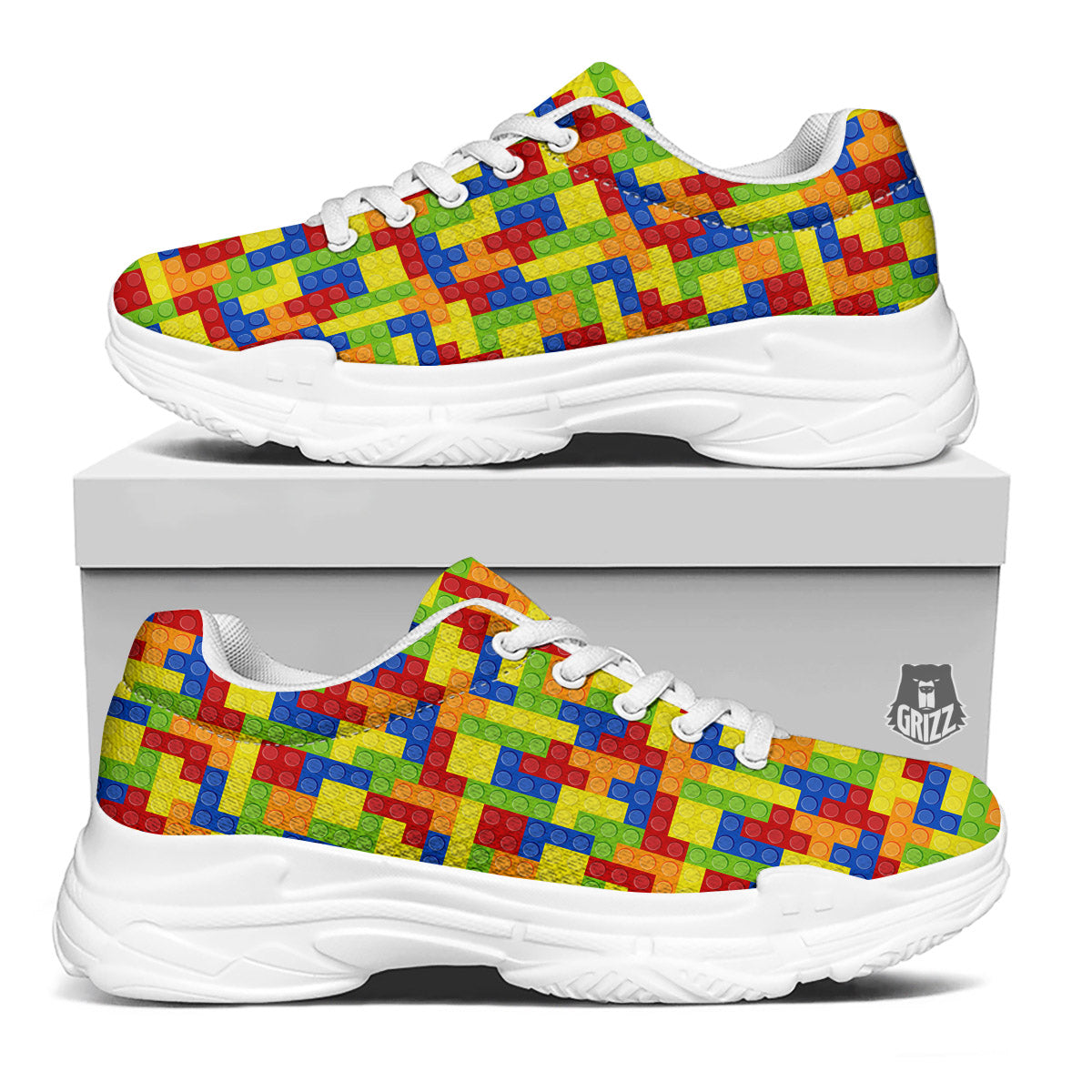 Building Blocks Colorful Print Pattern White Chunky Shoes-grizzshop