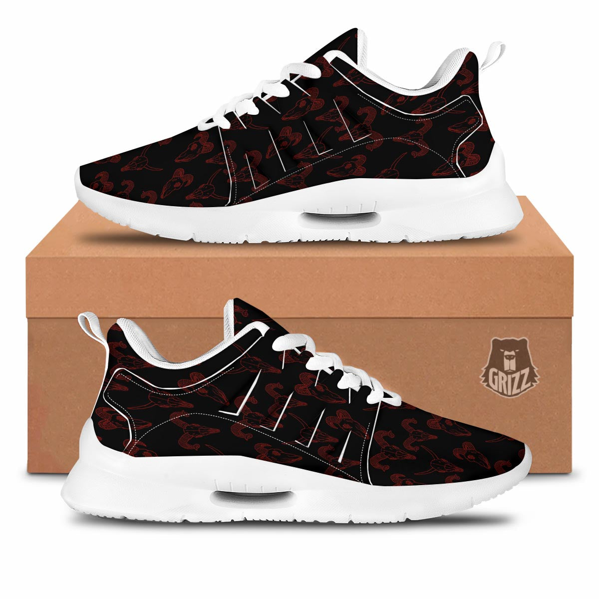 Bull Skull Black And Red Print Pattern Tennis Shoes-grizzshop