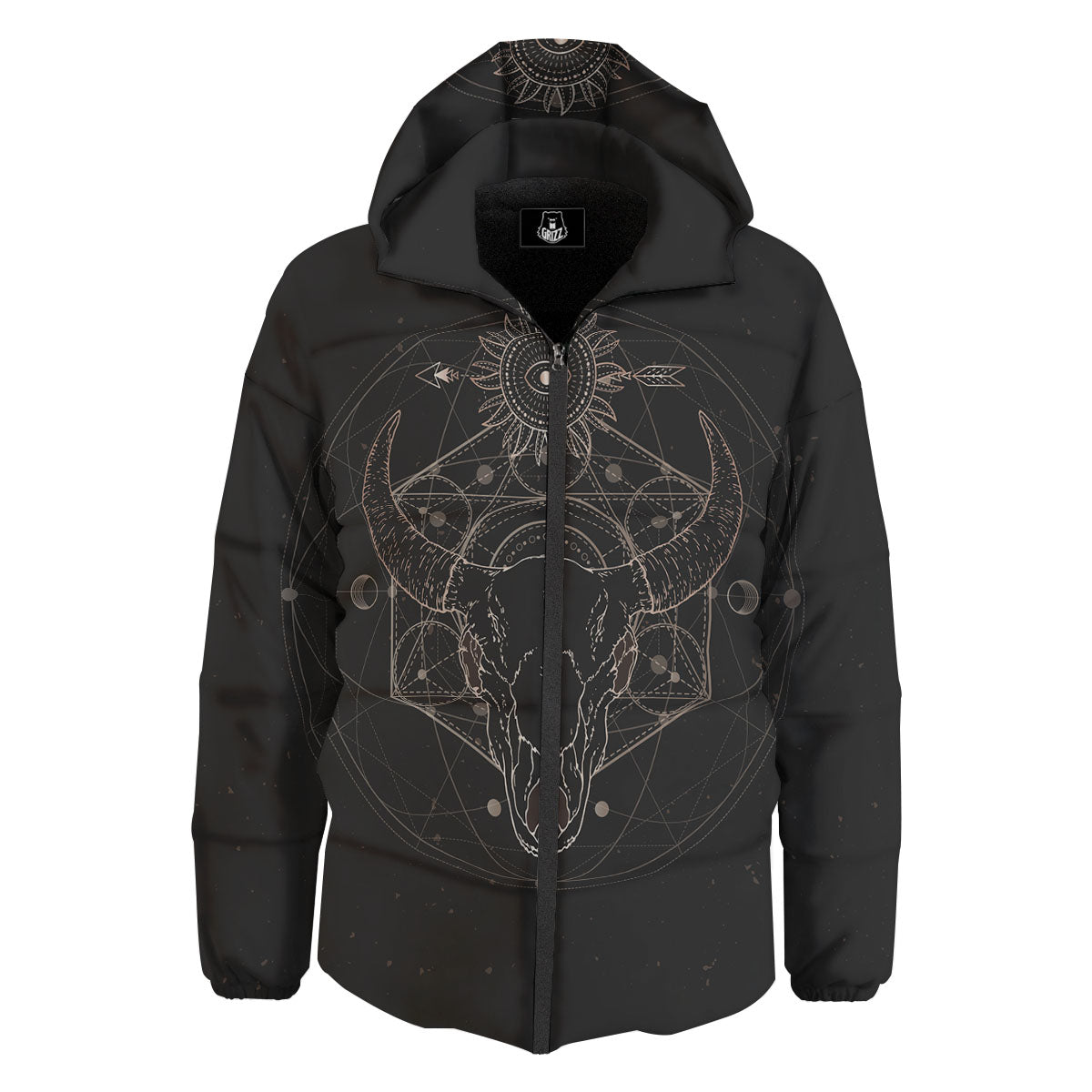 Bull Skull Geometric Print Down Jacket-grizzshop