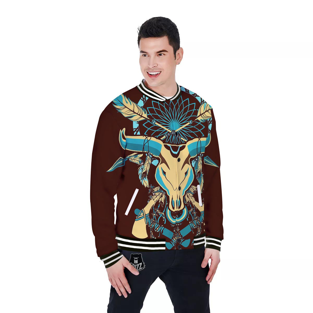 Bull Skull Indian Tribal Print Baseball Jacket-grizzshop