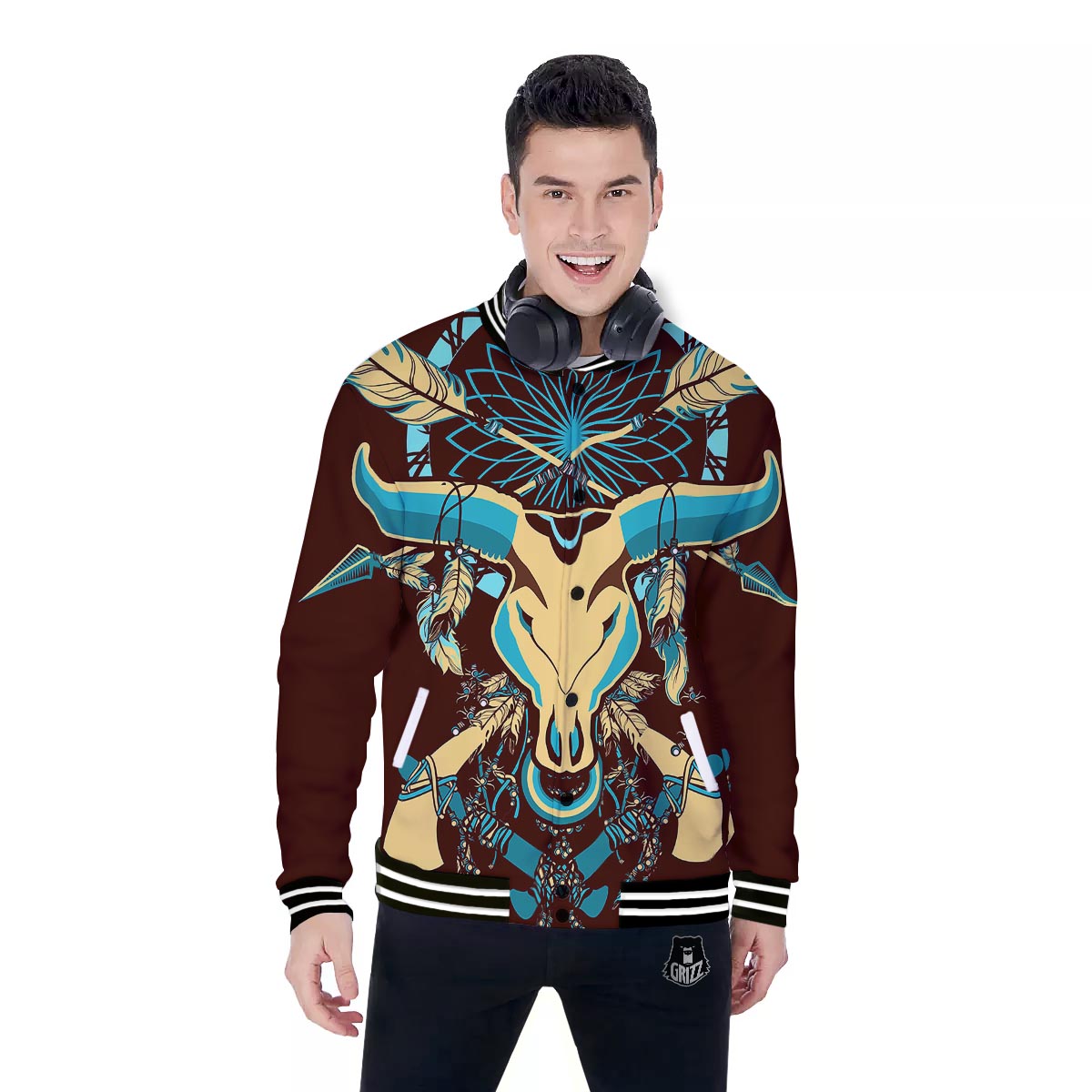 Bull Skull Indian Tribal Print Baseball Jacket-grizzshop