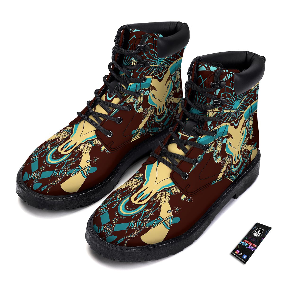Bull Skull Indian Tribal Print Boots-grizzshop
