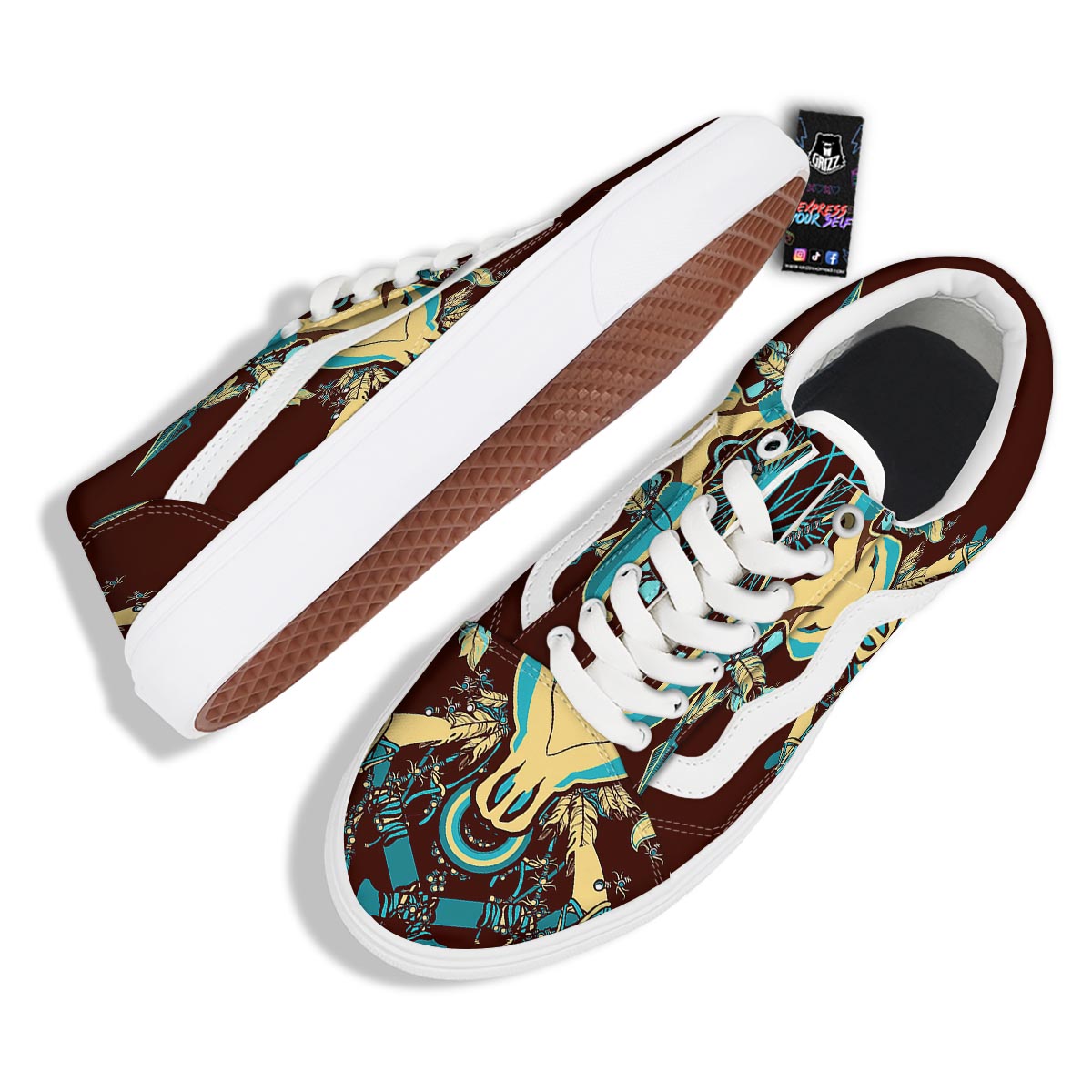 Bull Skull Indian Tribal Print Skate Shoes-grizzshop