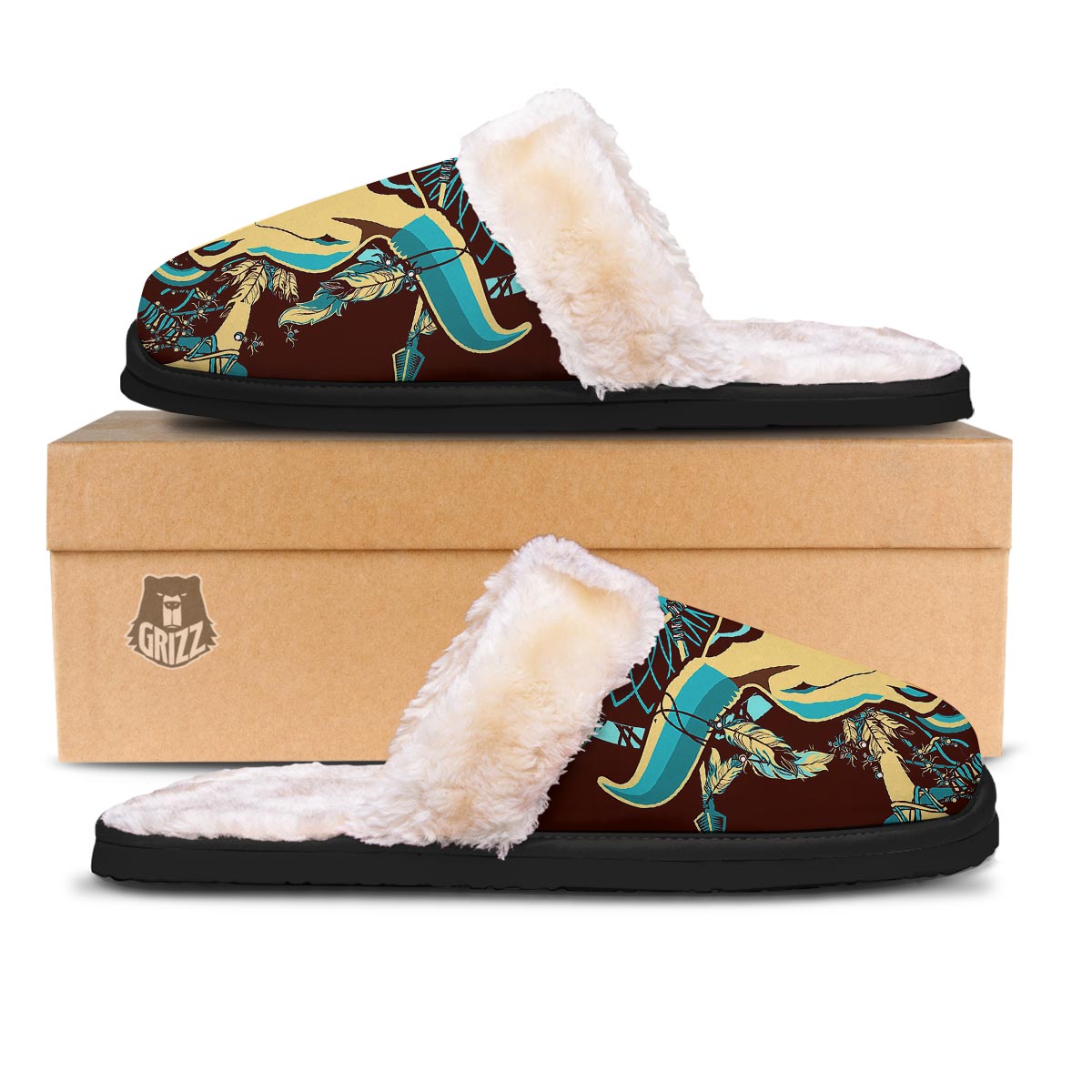Bull Skull Indian Tribal Print Slippers-grizzshop