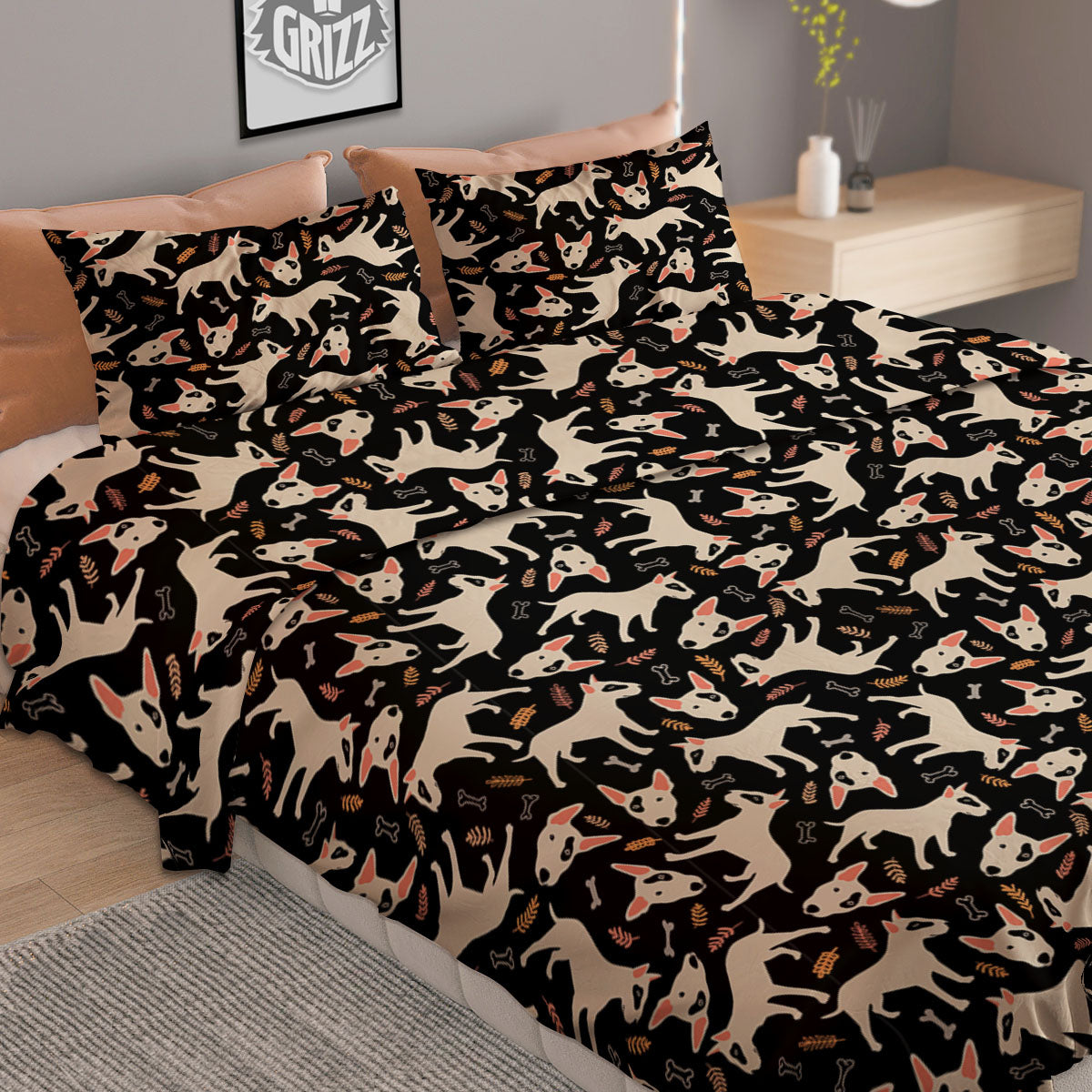 Bull Terrier Doodle Print Pattern Duvet Cover Bedding Set