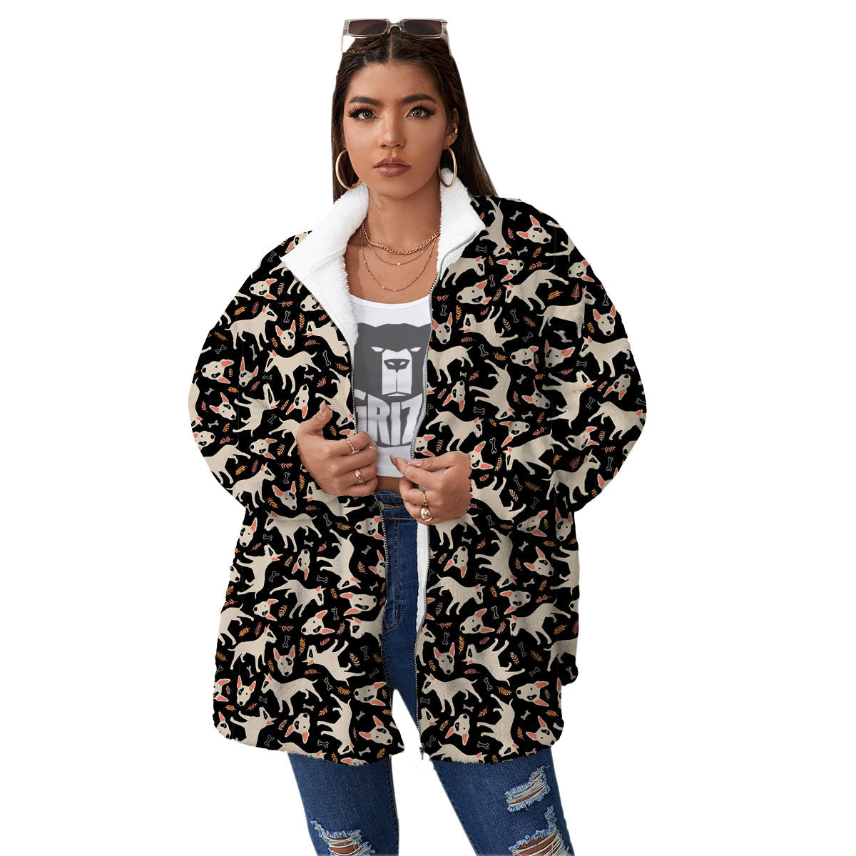 Bull Terrier Doodle Print Pattern Women's Sherpa Jacket-grizzshop