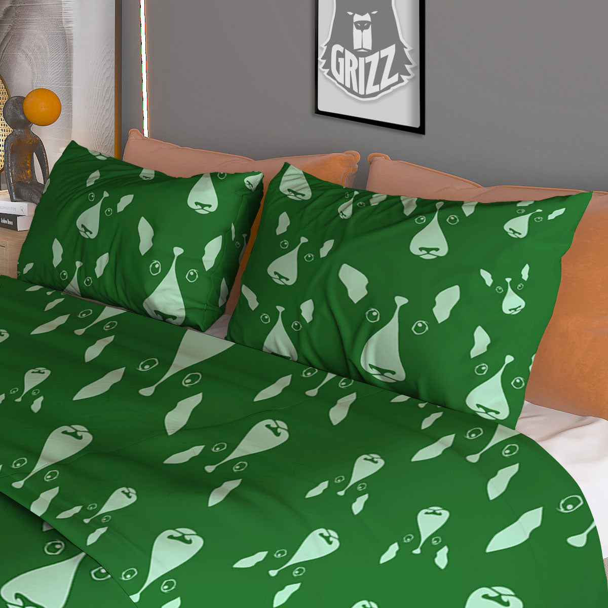 Bull Terrier Green Print Pattern Duvet Cover Bedding Set