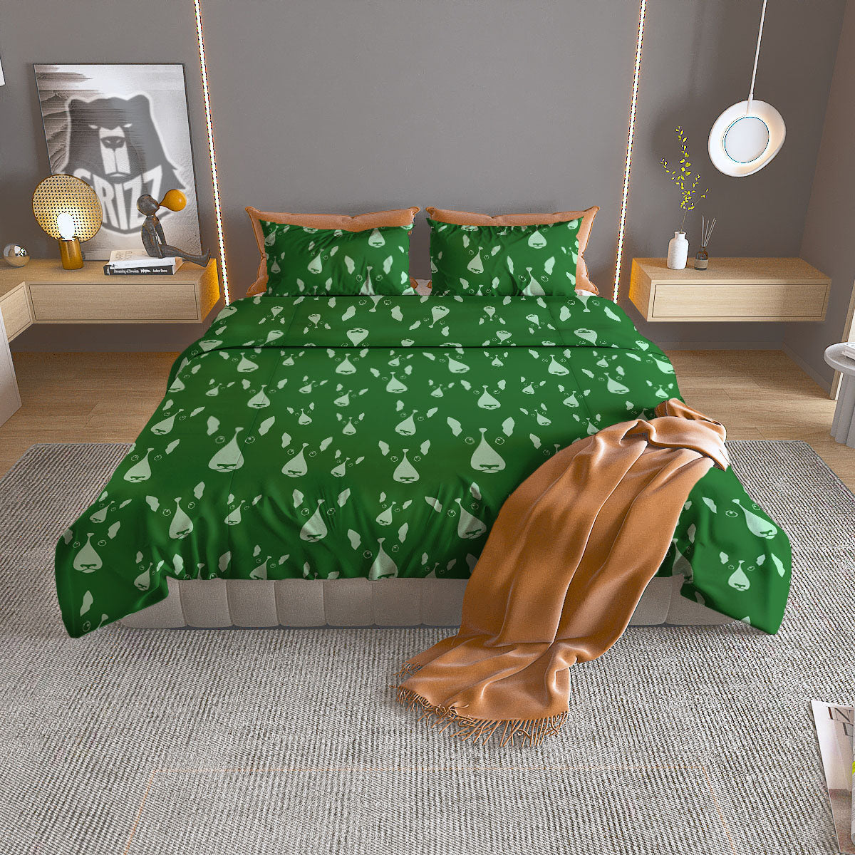 Bull Terrier Green Print Pattern Duvet Cover Bedding Set