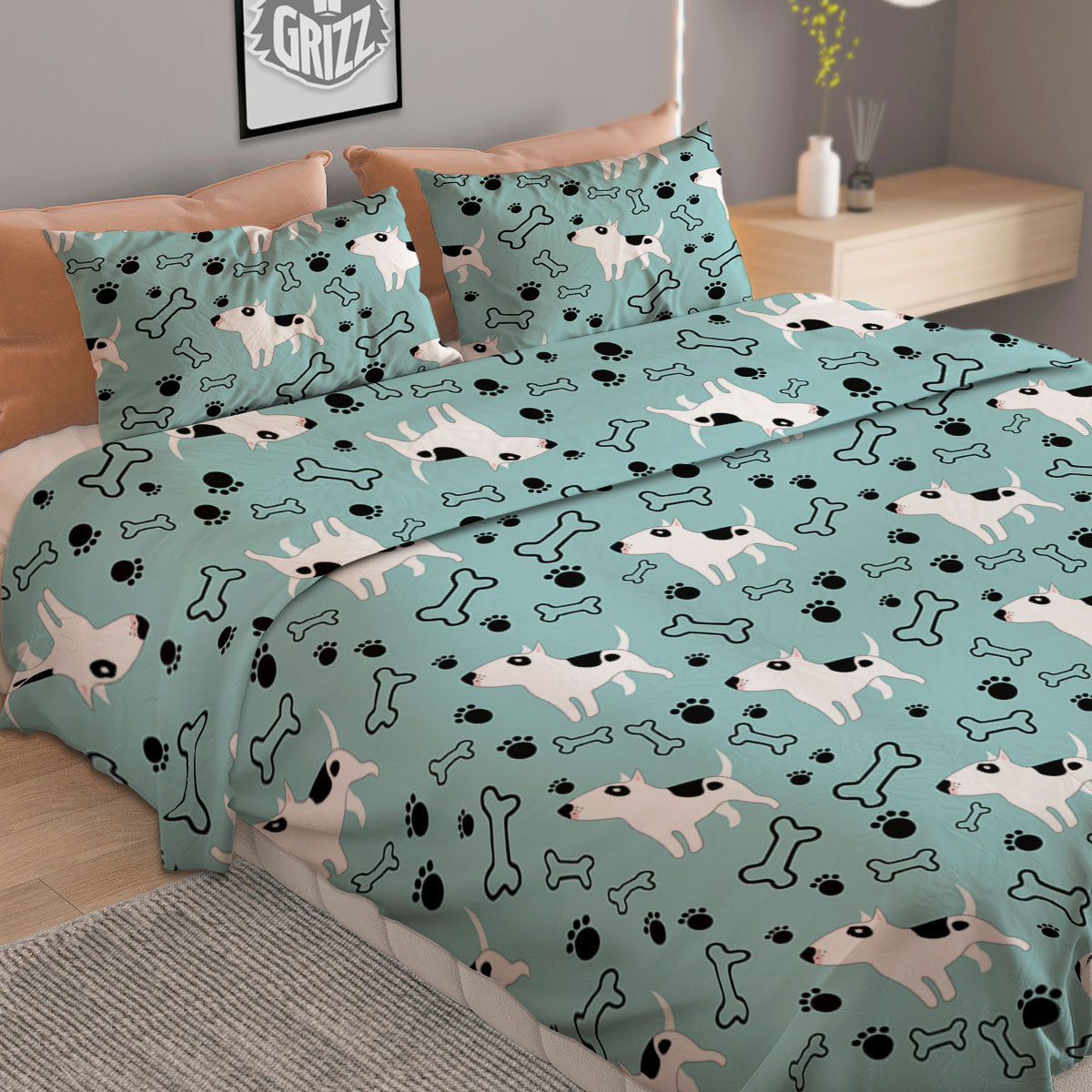Bull Terrier Laurel Green Print Pattern Duvet Cover Bedding Set