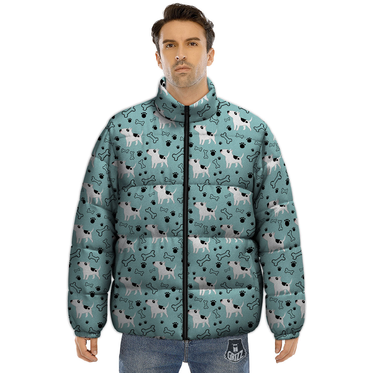Bull Terrier Laurel Green Print Pattern Puffer Jacket-grizzshop