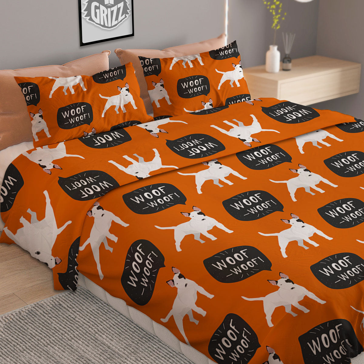 Bull Terrier Orange Print Pattern Duvet Cover Bedding Set