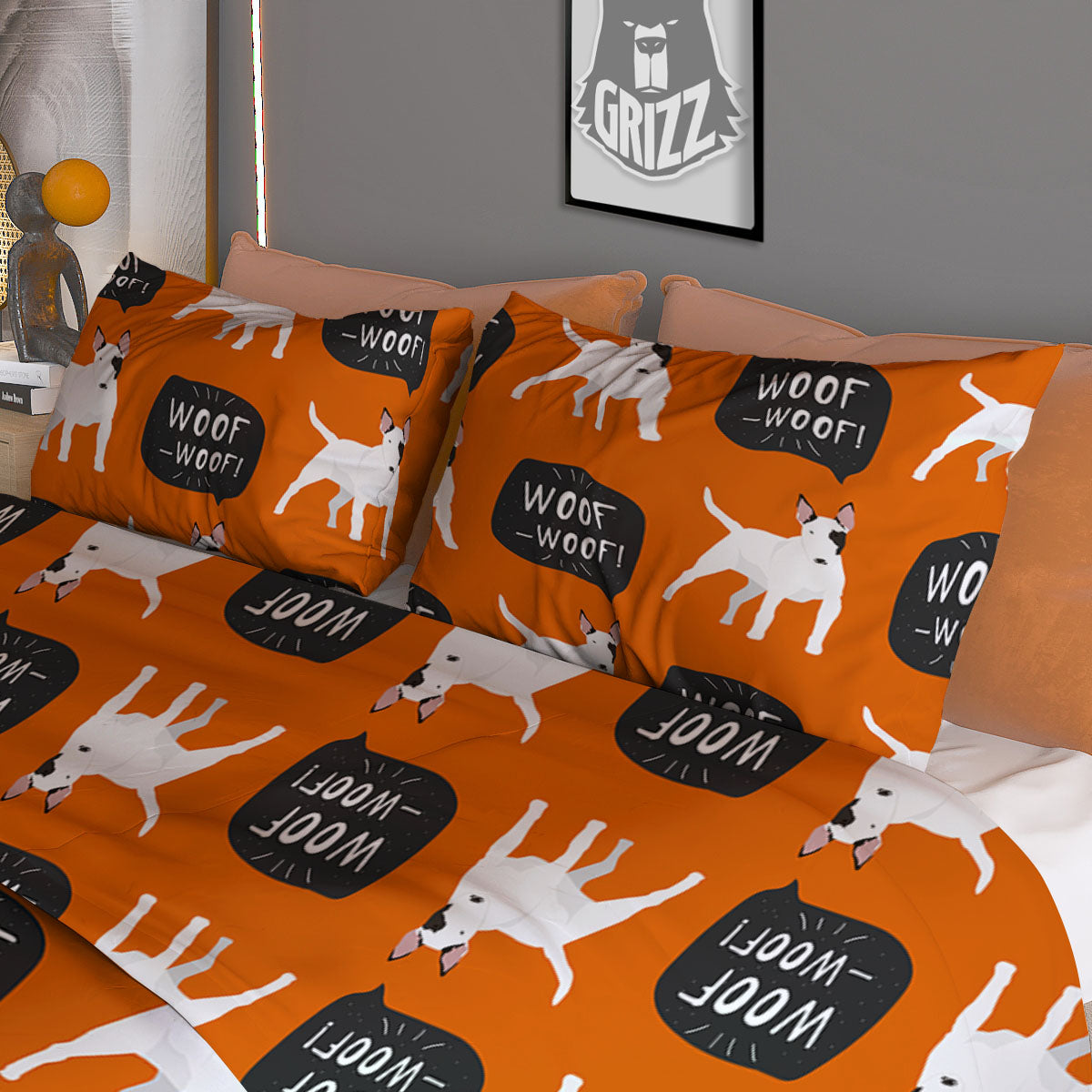 Bull Terrier Orange Print Pattern Duvet Cover Bedding Set