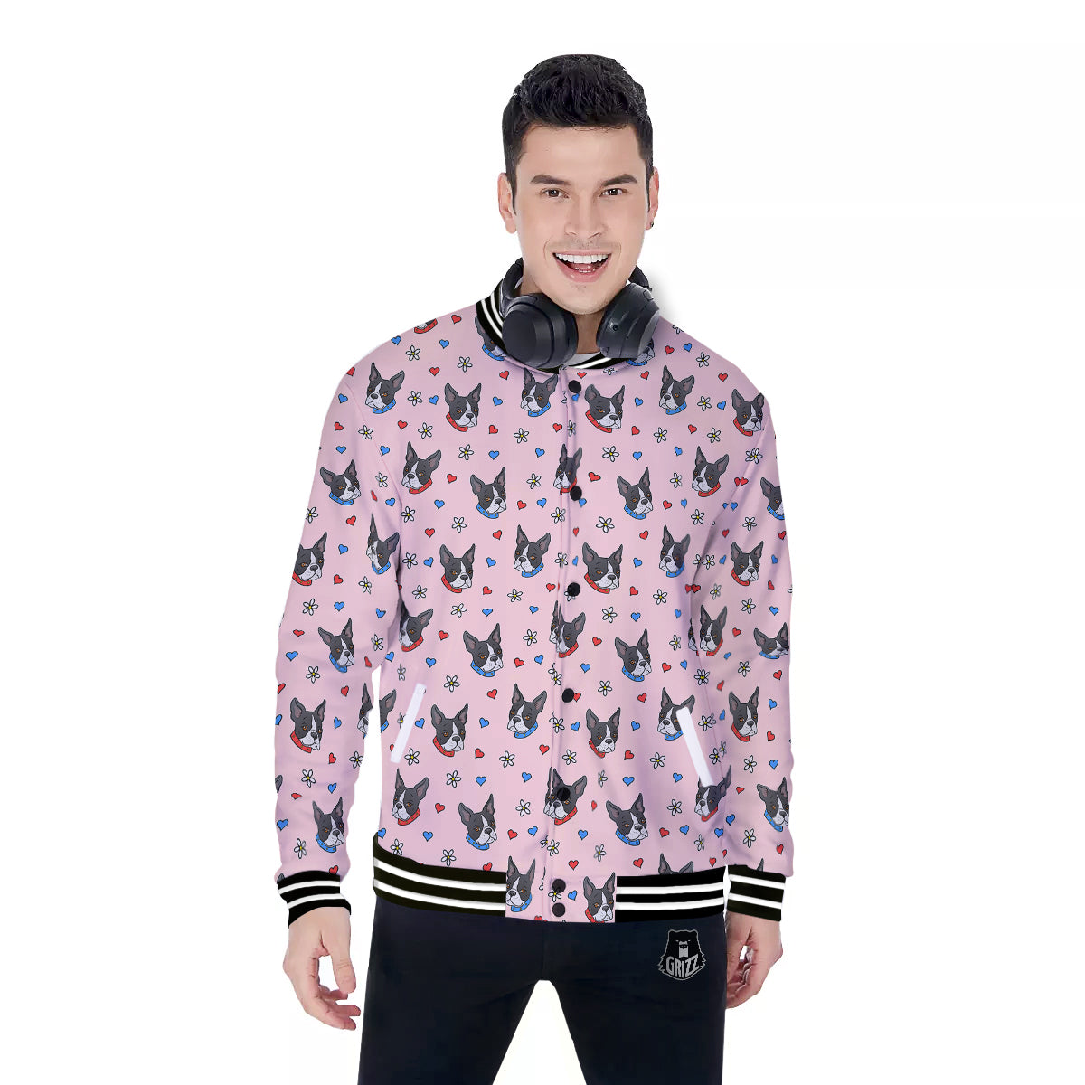 Bull Terrier Pink Print Pattern Baseball Jacket-grizzshop