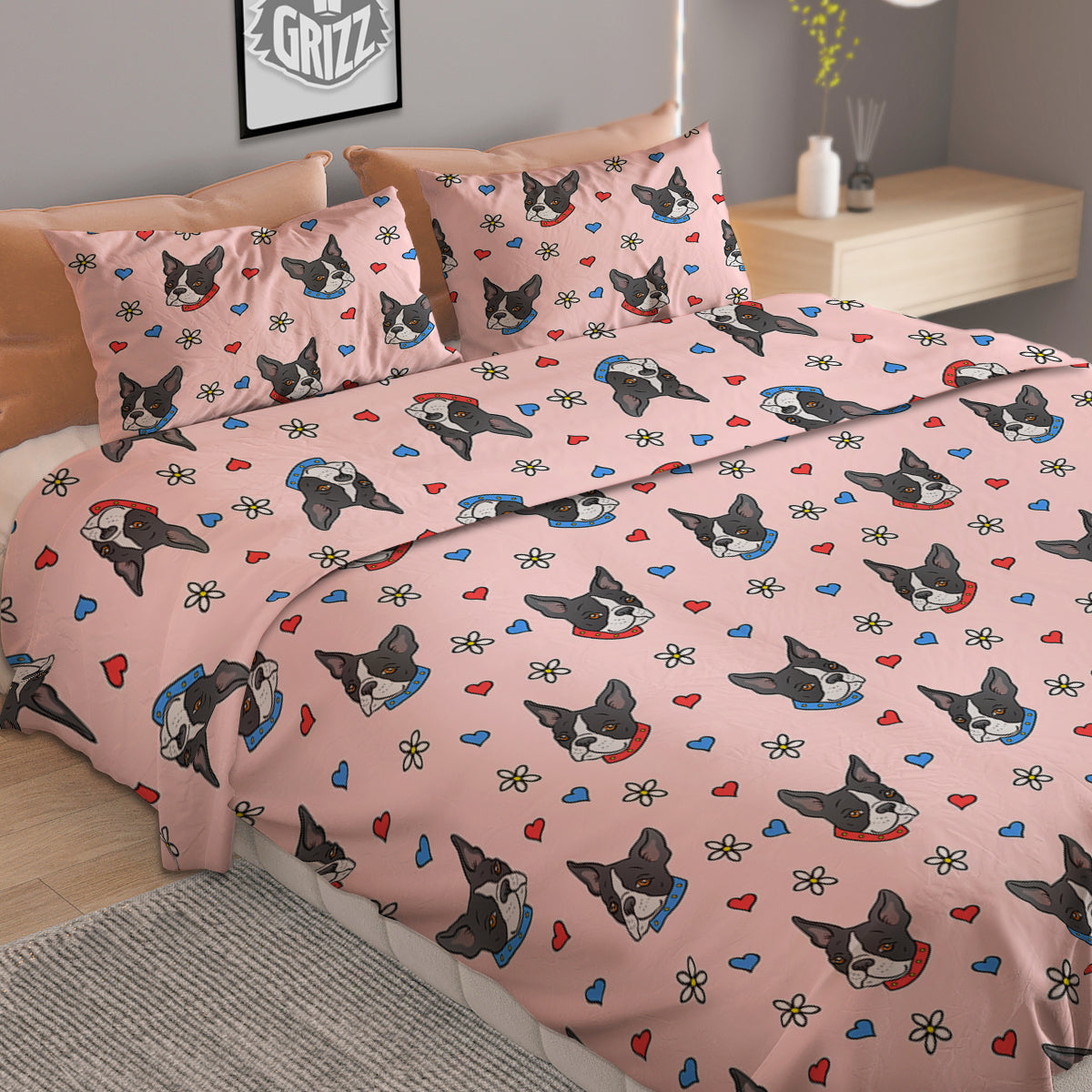Bull Terrier Pink Print Pattern Duvet Cover Bedding Set