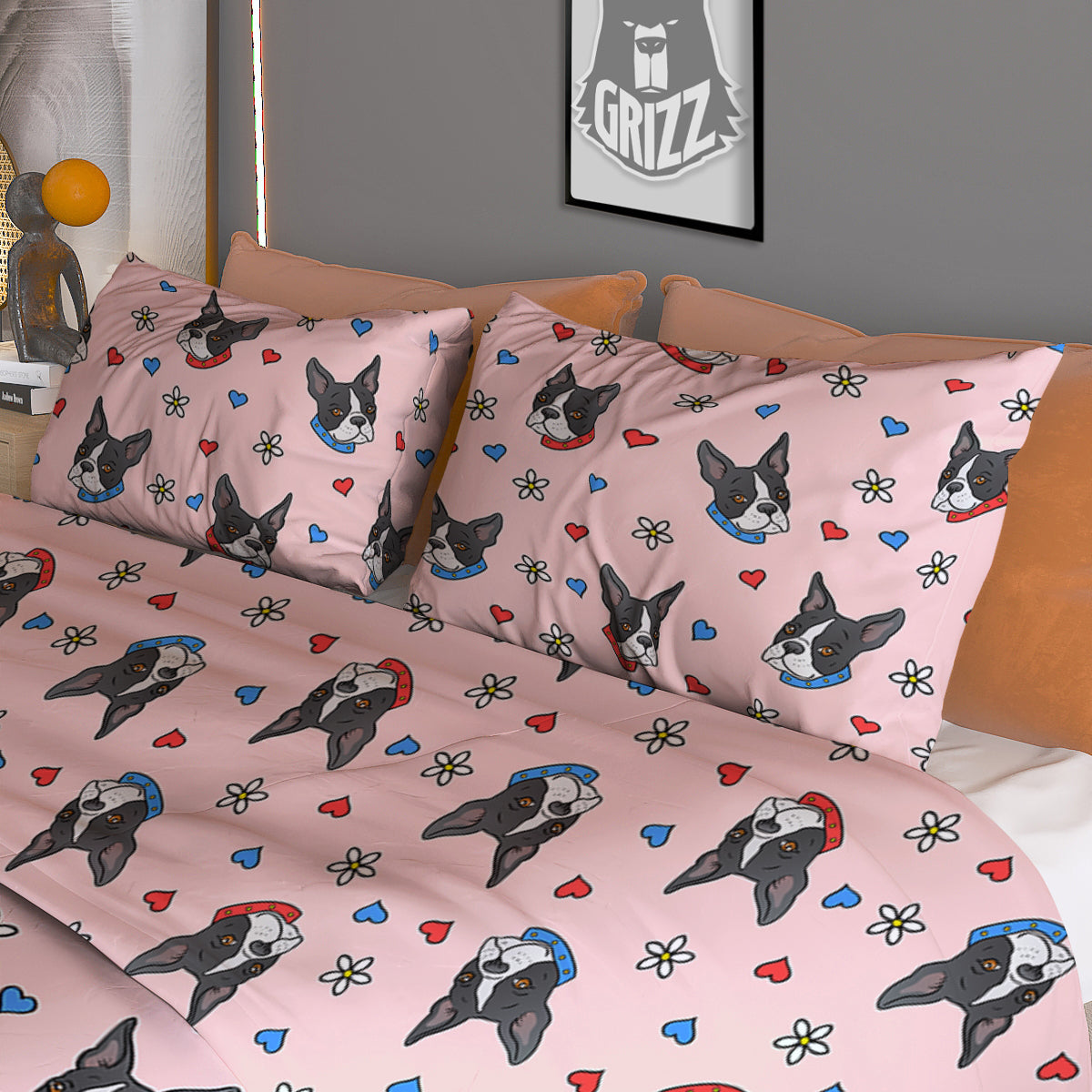 Bull Terrier Pink Print Pattern Duvet Cover Bedding Set