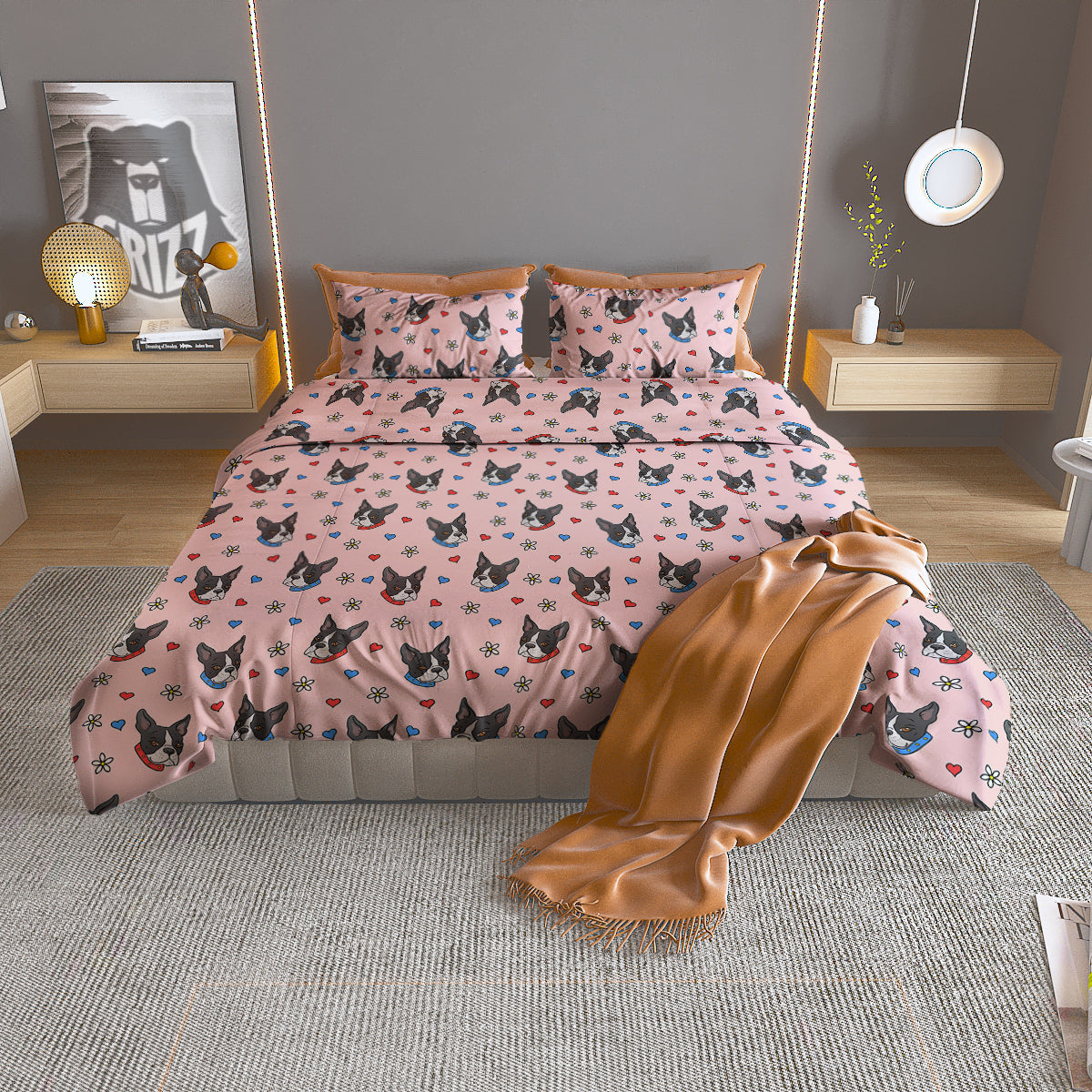 Bull Terrier Pink Print Pattern Duvet Cover Bedding Set