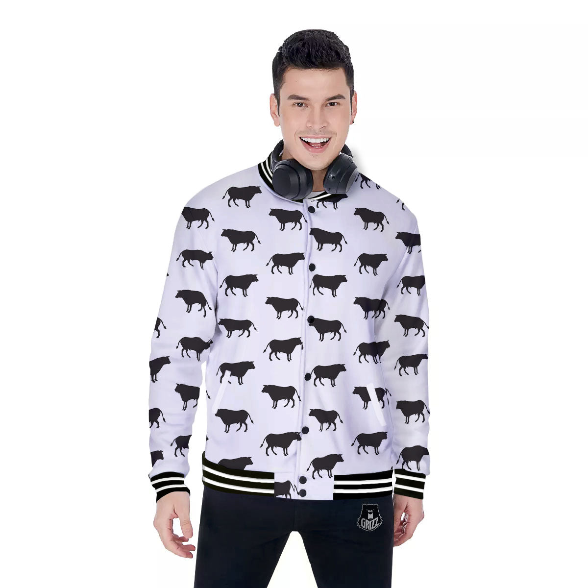 Bull White And Black Print Pattern Baseball Jacket-grizzshop