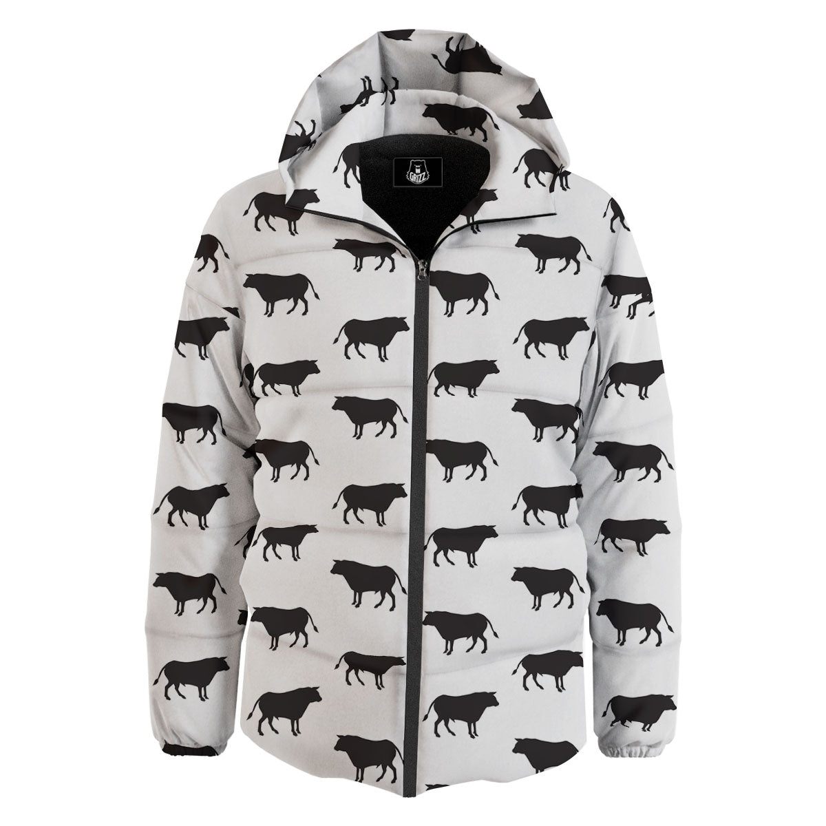 Bull White And Black Print Pattern Down Jacket-grizzshop