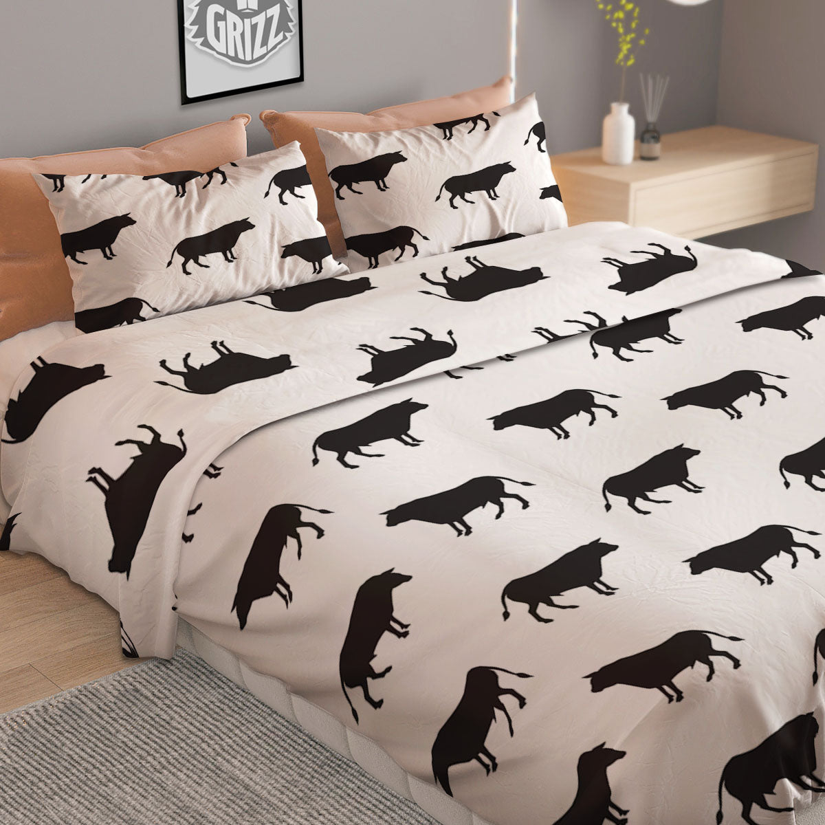 Bull White And Black Print Pattern Duvet Cover Bedding Set