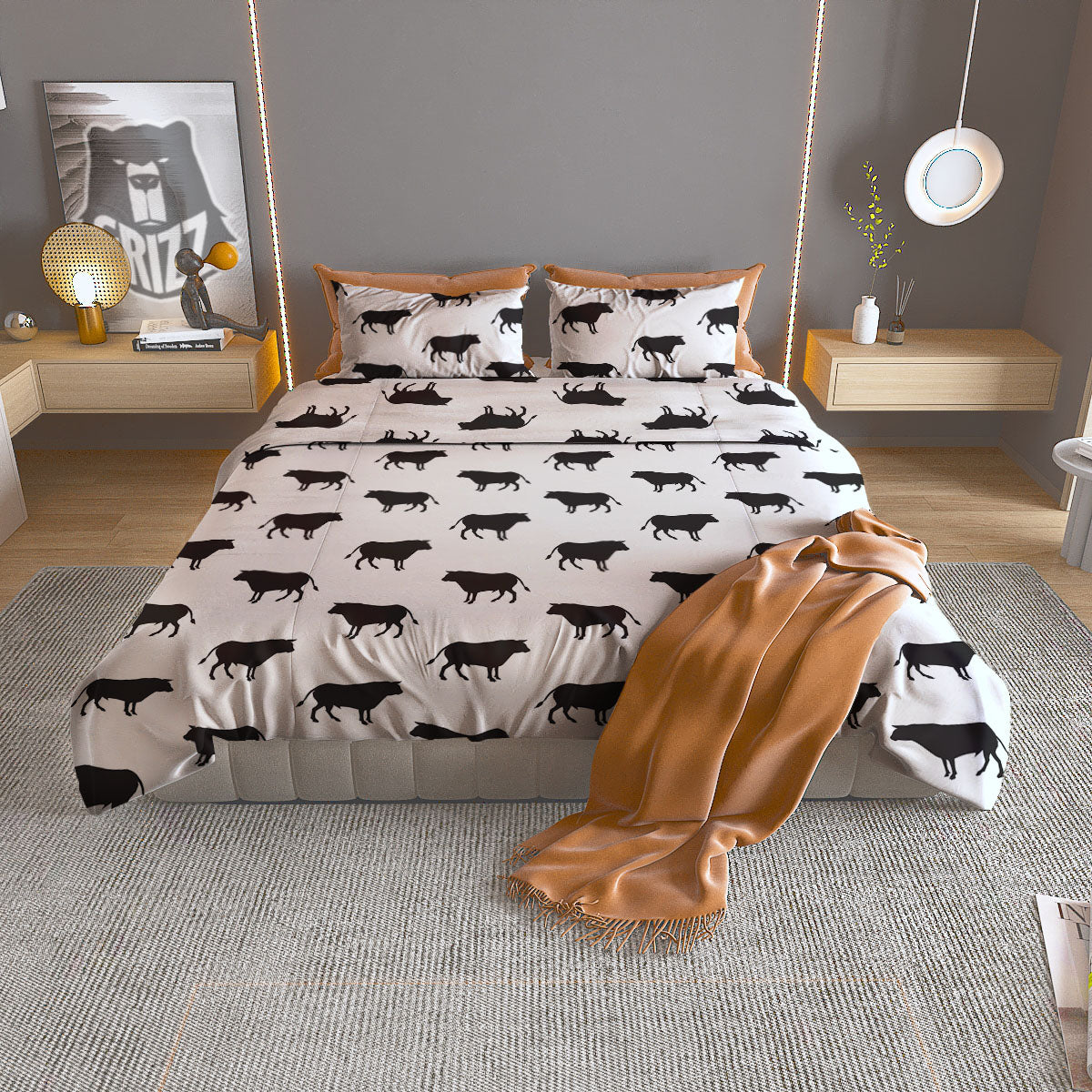 Bull White And Black Print Pattern Duvet Cover Bedding Set