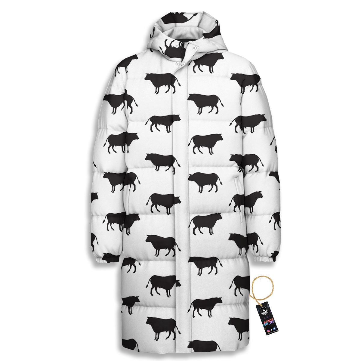 Bull White And Black Print Pattern Long Down Jacket-grizzshop