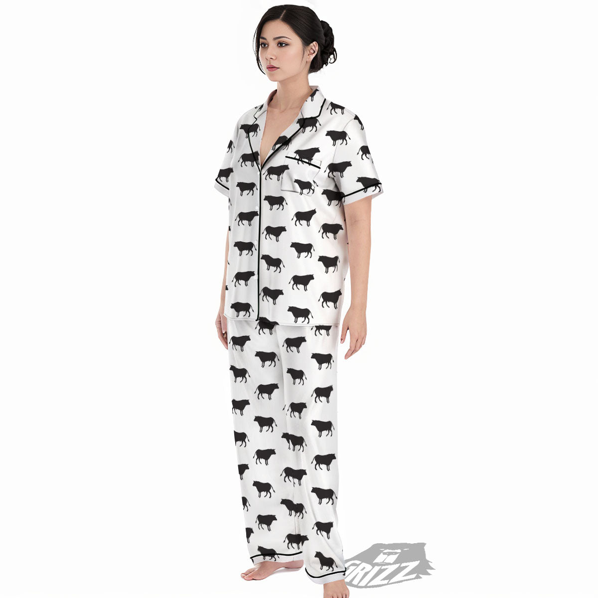 Bull White And Black Print Pattern Women's Pajamas Set-grizzshop