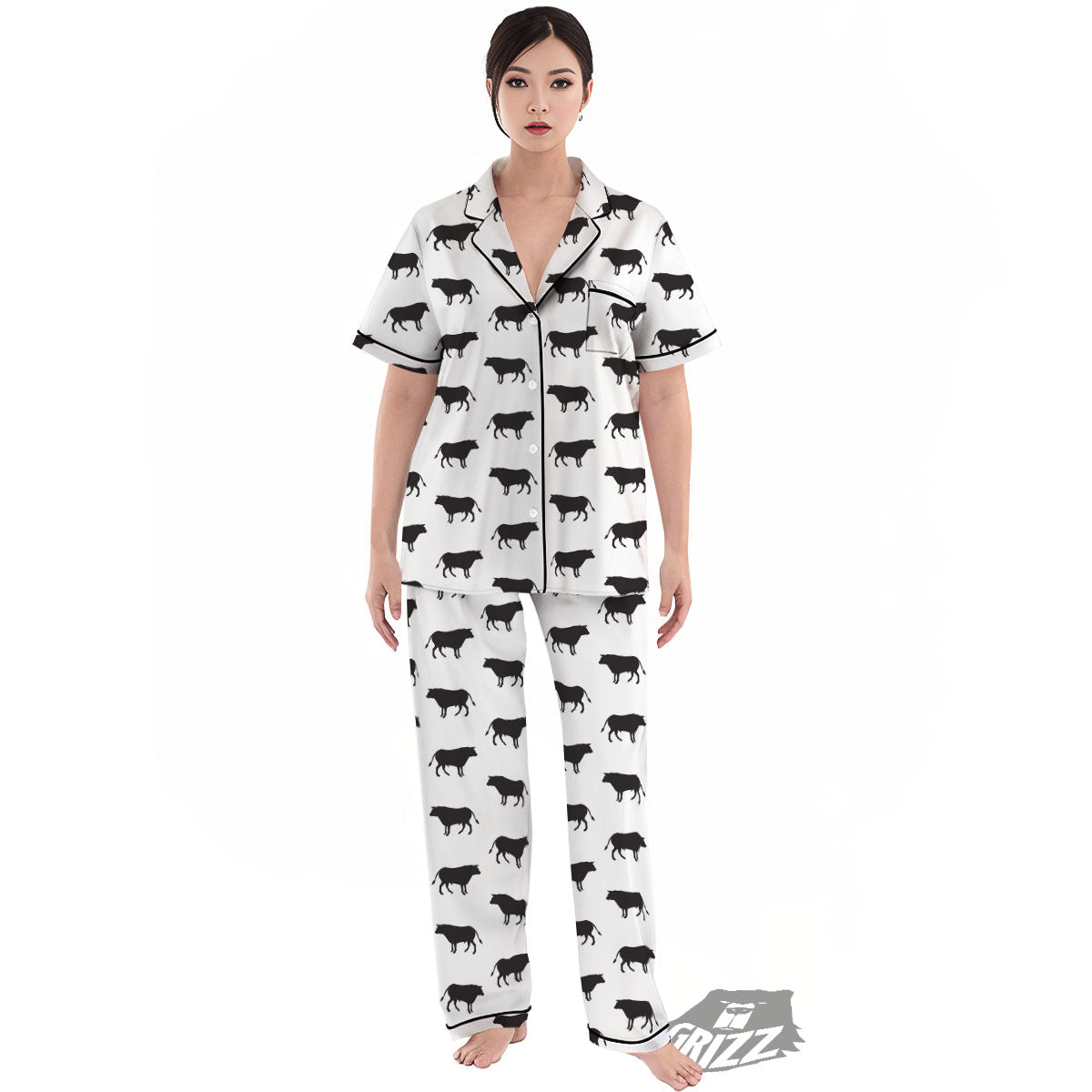 Bull White And Black Print Pattern Women's Pajamas Set-grizzshop