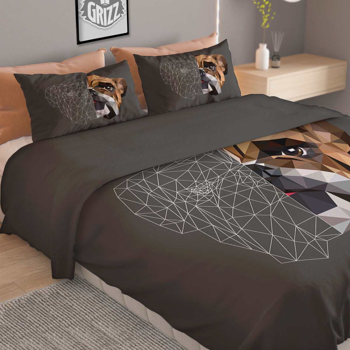 Bulldog Geometric English Print Duvet Cover Bedding Set
