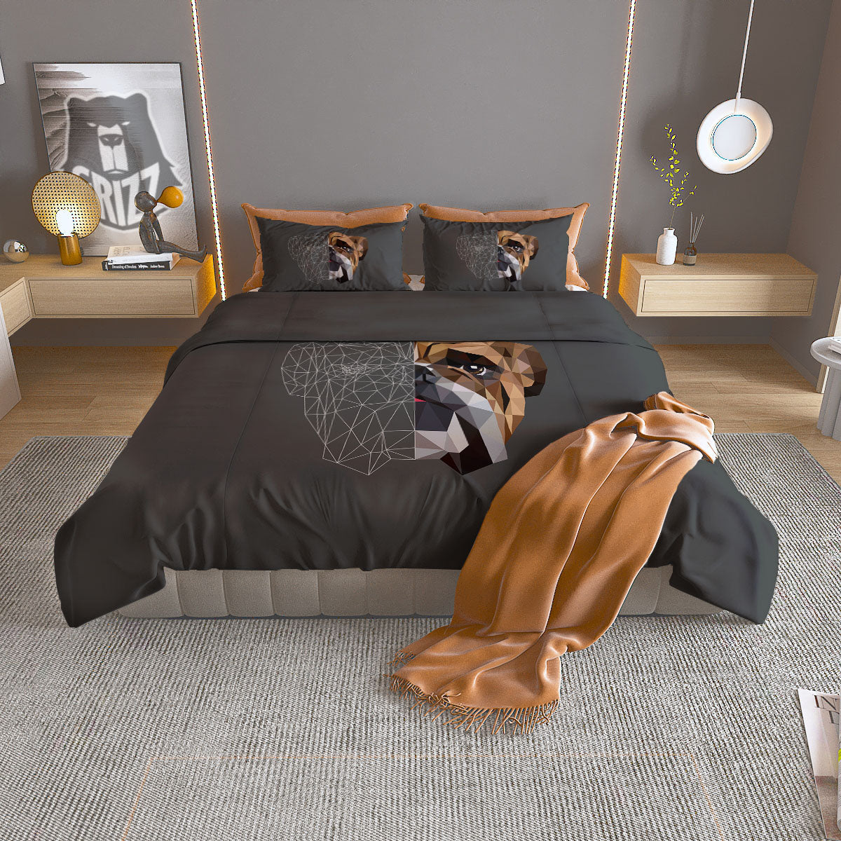 Bulldog Geometric English Print Duvet Cover Bedding Set