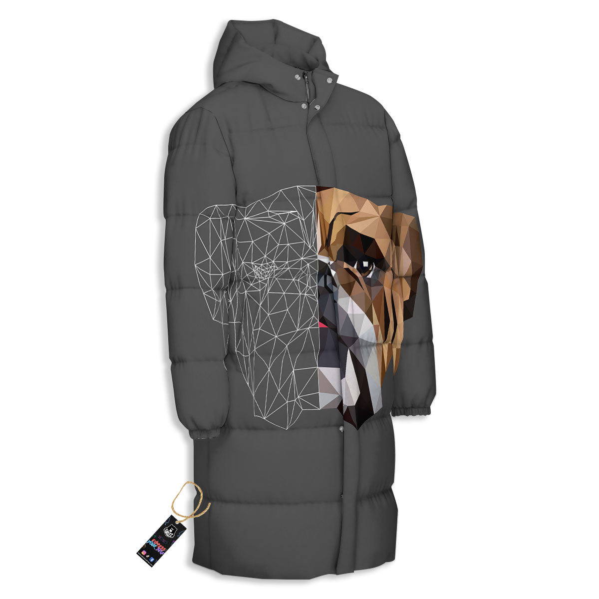 Bulldog Geometric English Print Long Down Jacket-grizzshop