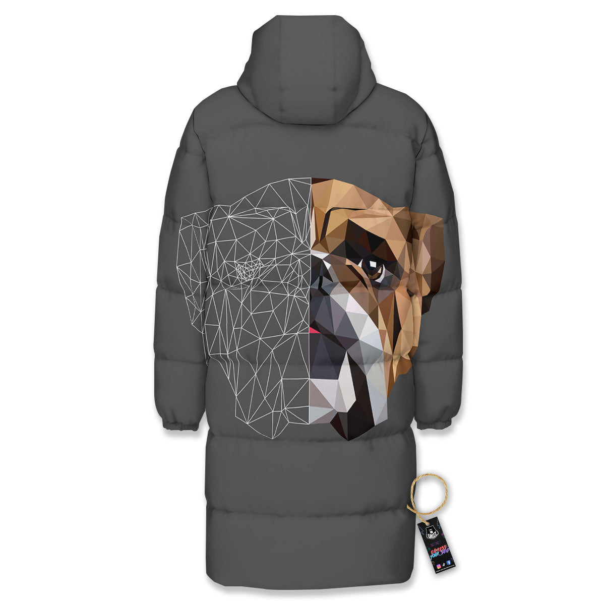 Bulldog Geometric English Print Long Down Jacket-grizzshop