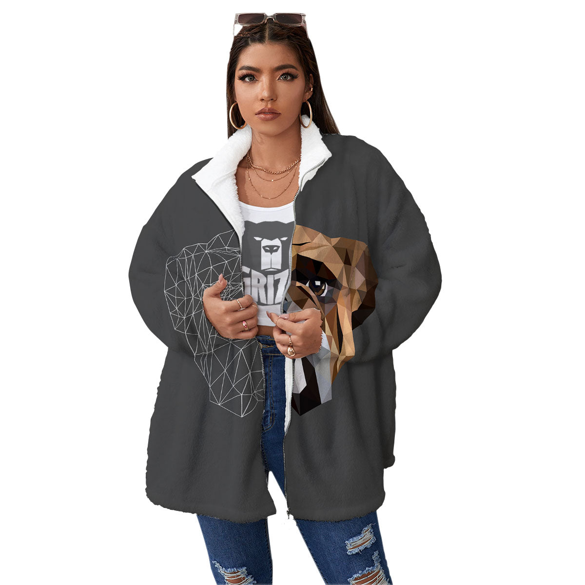 Bulldog Geometric English Print Women's Sherpa Jacket-grizzshop