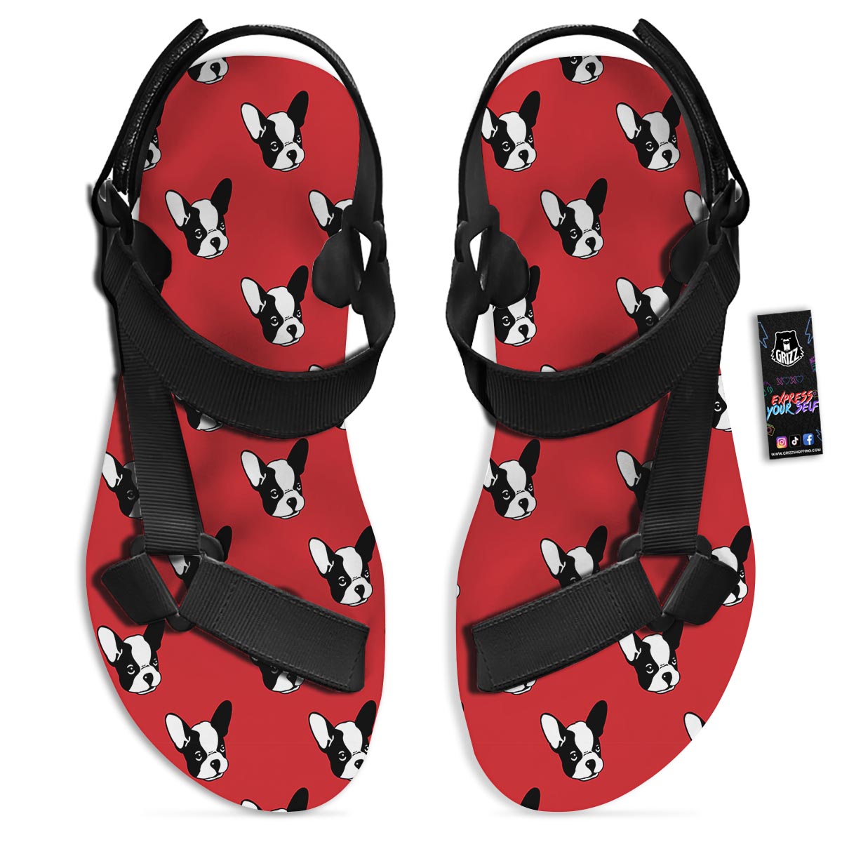 Bulldog Red French Print Pattern Black Open Toe Sandals-grizzshop