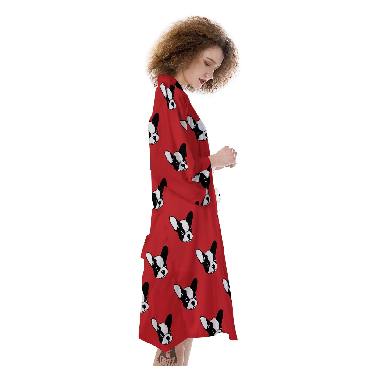 Bulldog Red French Print Pattern Kimono-grizzshop