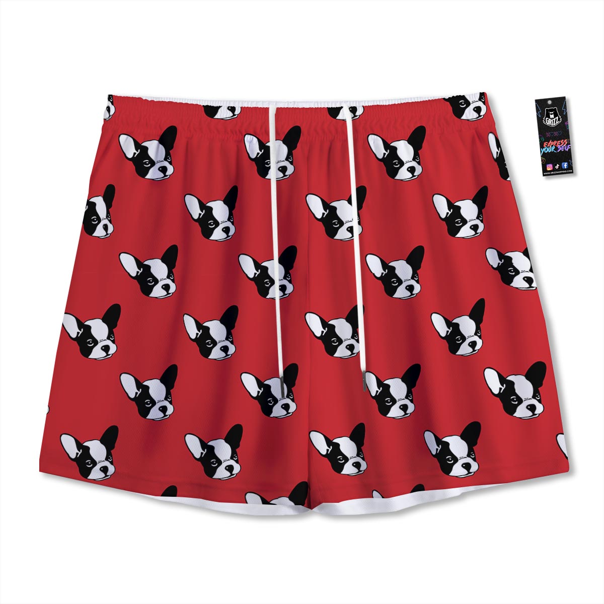 Bulldog Red French Print Pattern Mesh Shorts