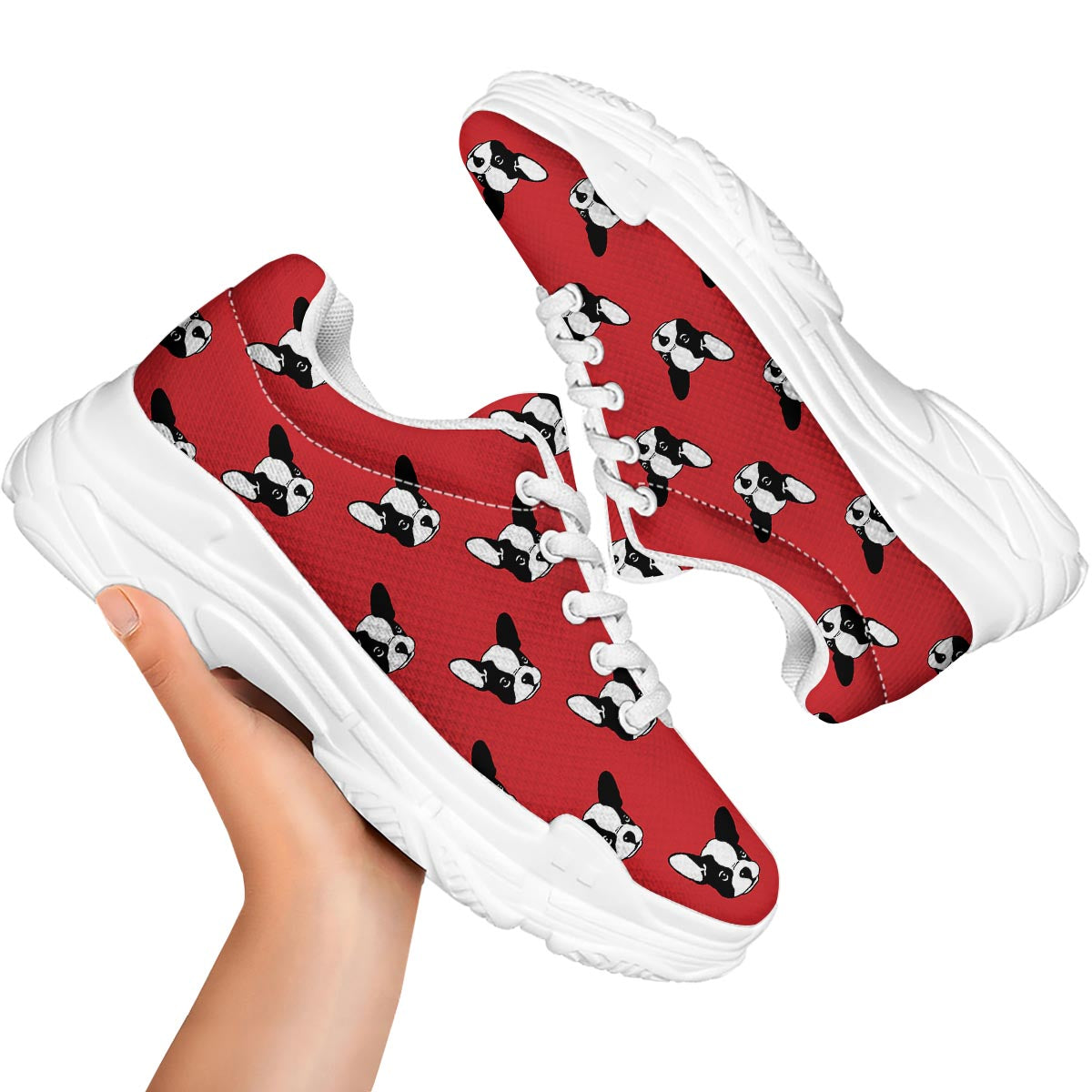 Bulldog Red French Print Pattern White Chunky Shoes-grizzshop