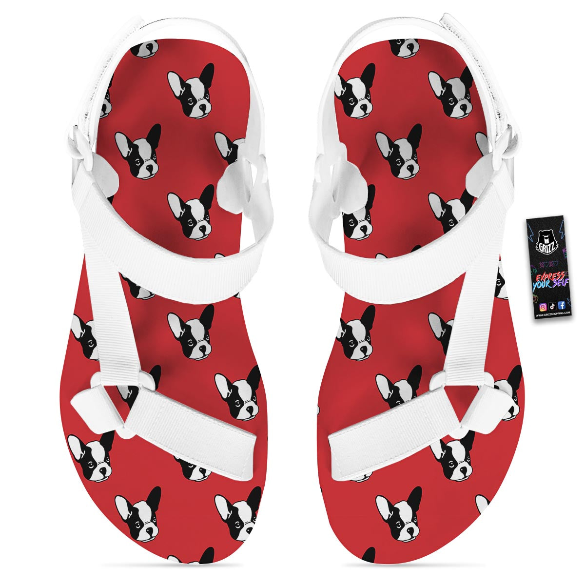 Bulldog Red French Print Pattern White Open Toe Sandals-grizzshop