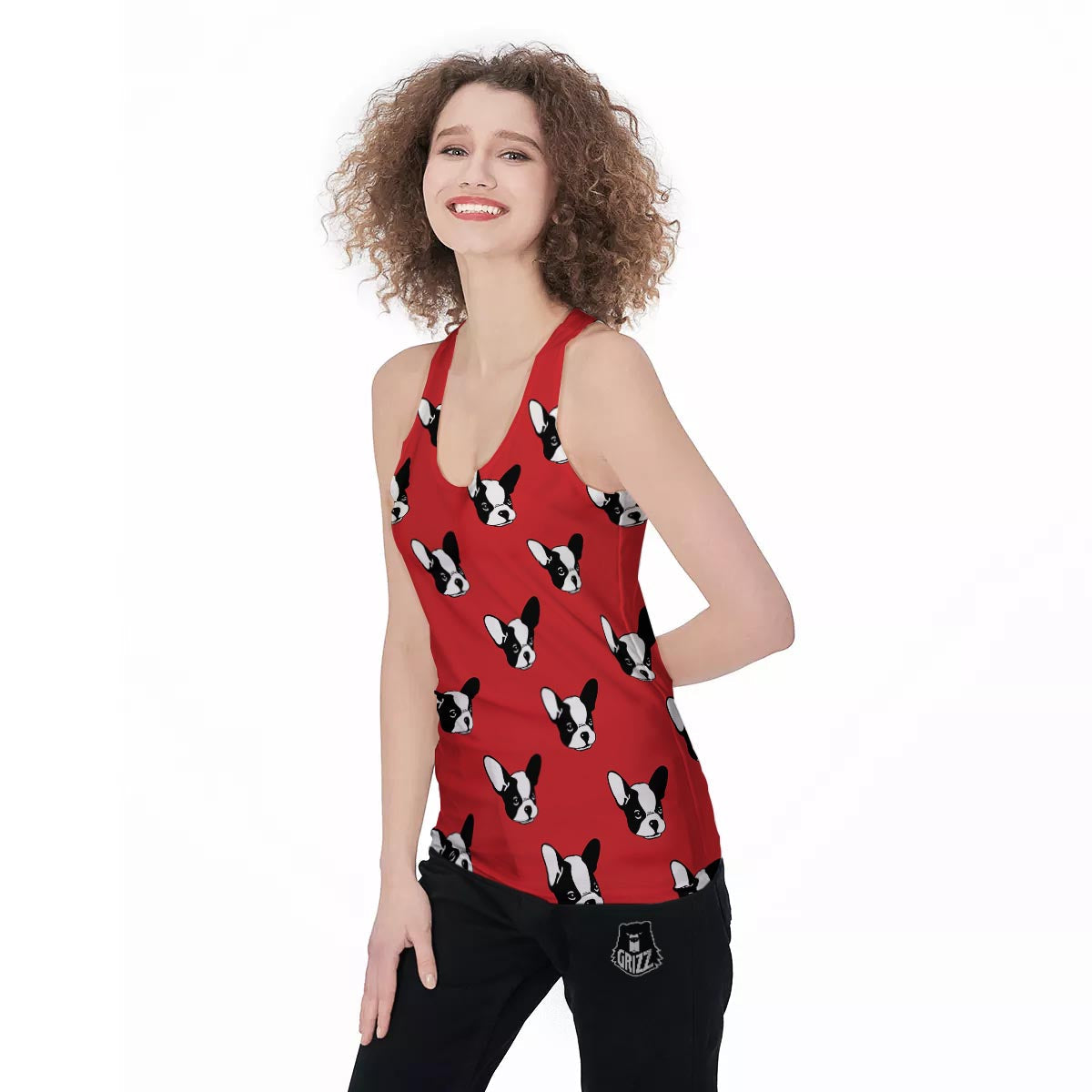 Bulldog Red French Print Pattern Women's Racerback Tank Top-grizzshop