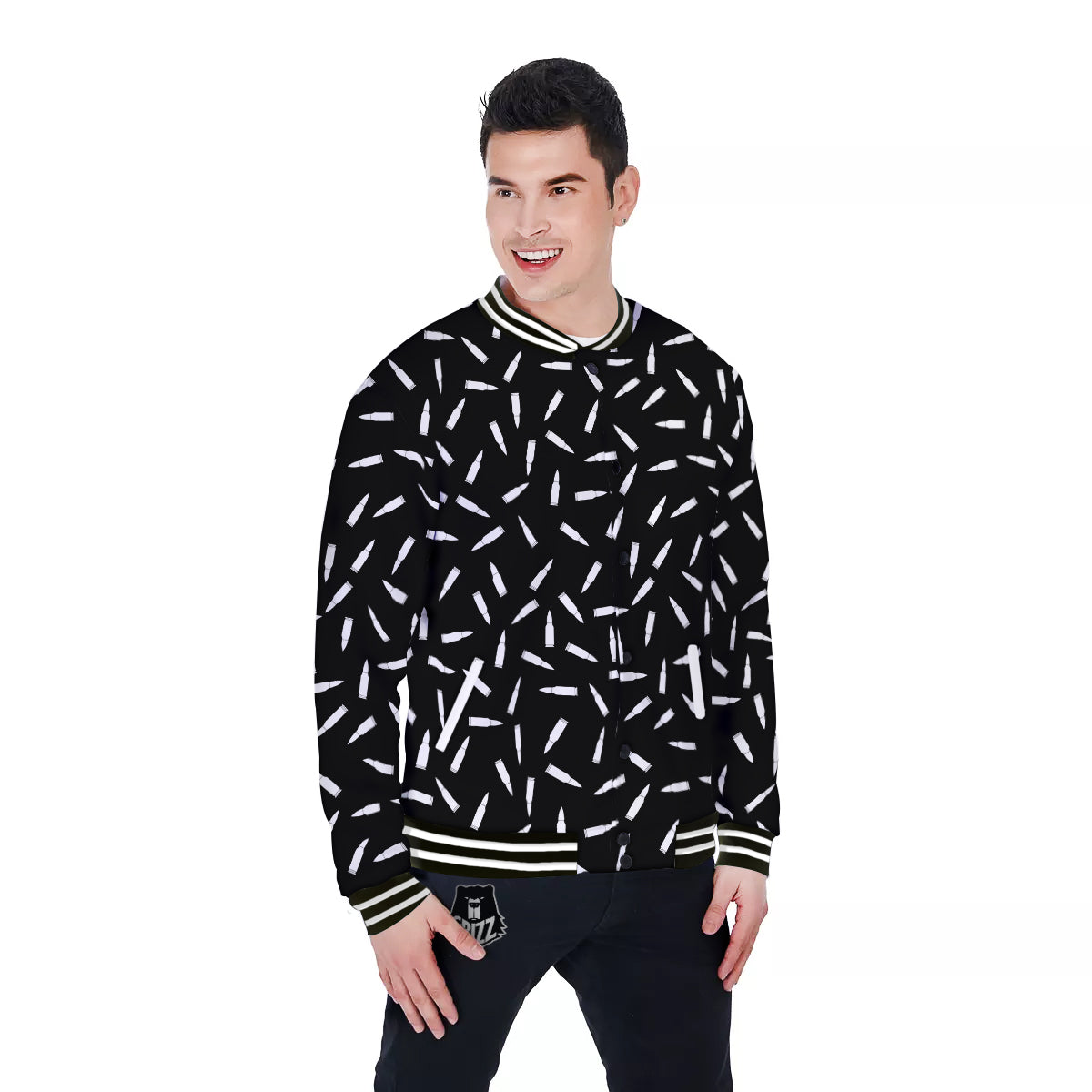 Bullet Gun White Print Pattern Baseball Jacket-grizzshop