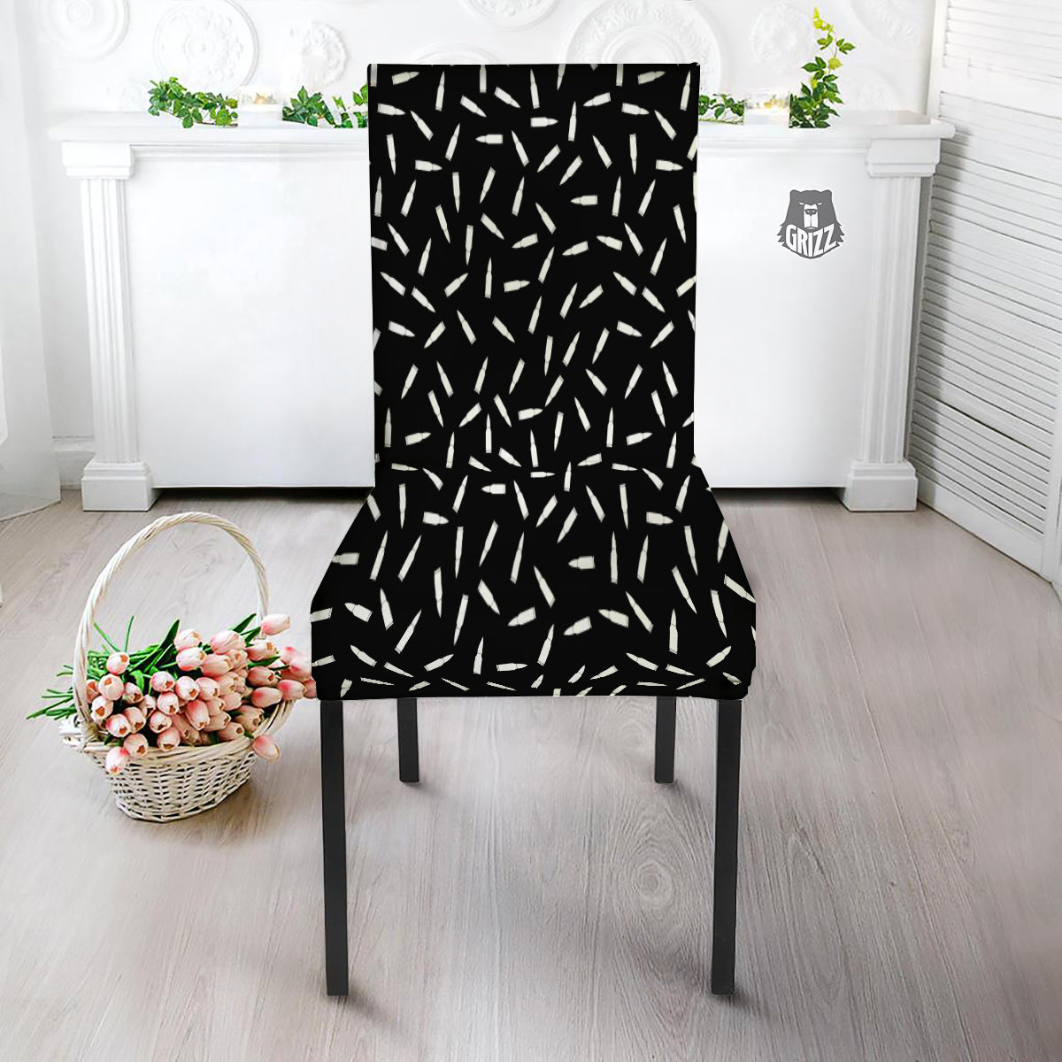 Bullet Gun White Print Pattern Dining Chair Slipcover-grizzshop