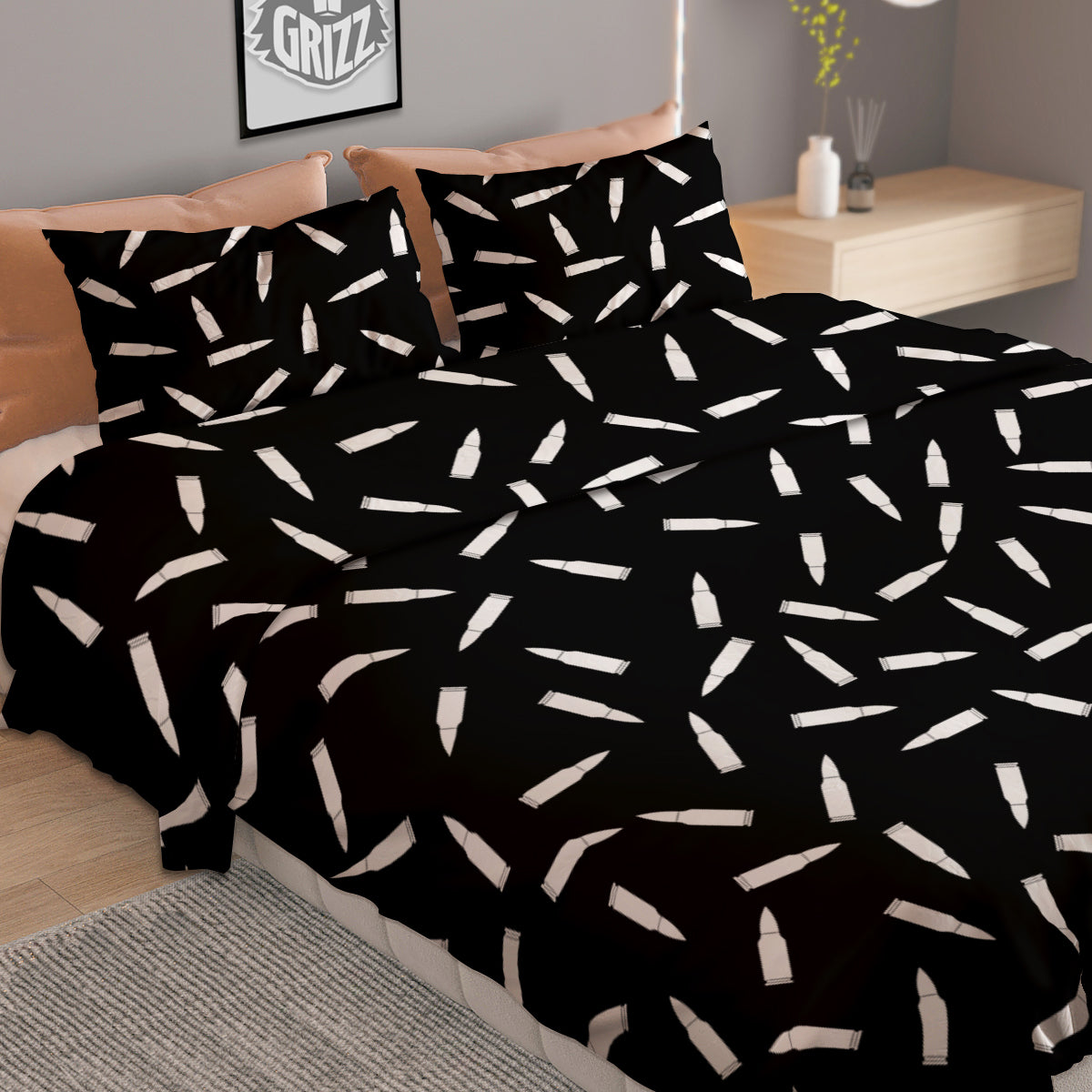 Bullet Gun White Print Pattern Duvet Cover Bedding Set
