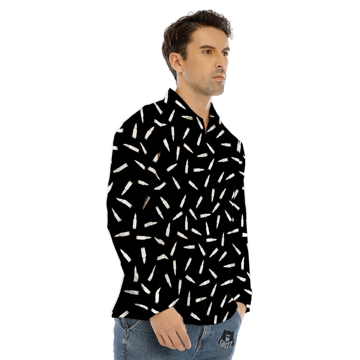 Bullet Gun White Print Pattern Men's Dress Shirts-grizzshop