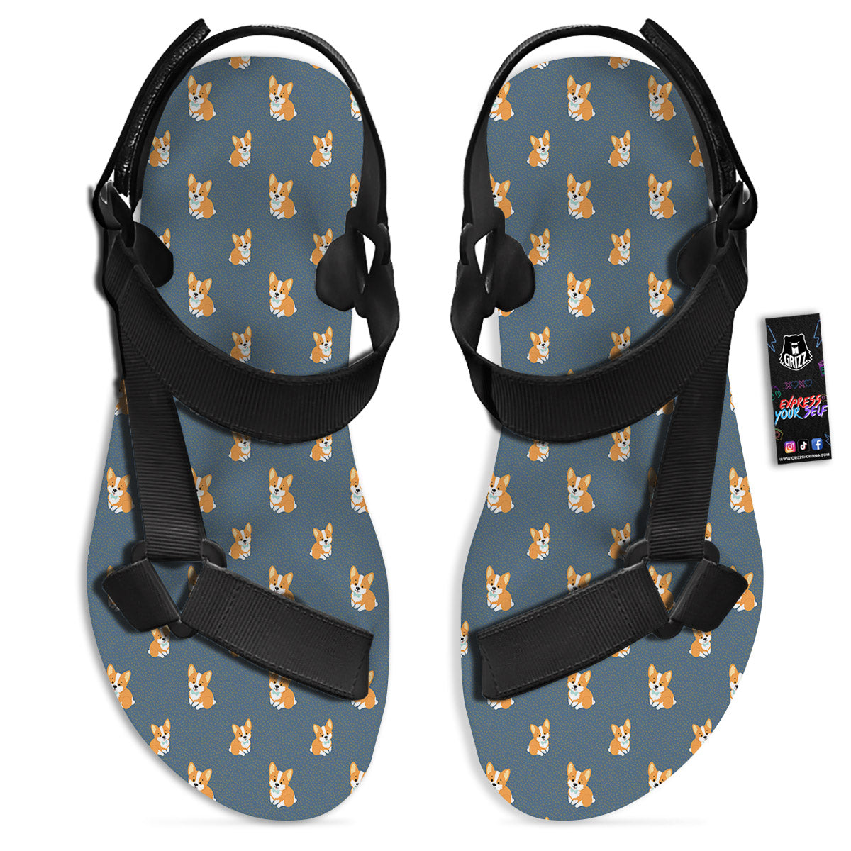 Bunny Corgi Print Pattern Black Open Toe Sandals-grizzshop