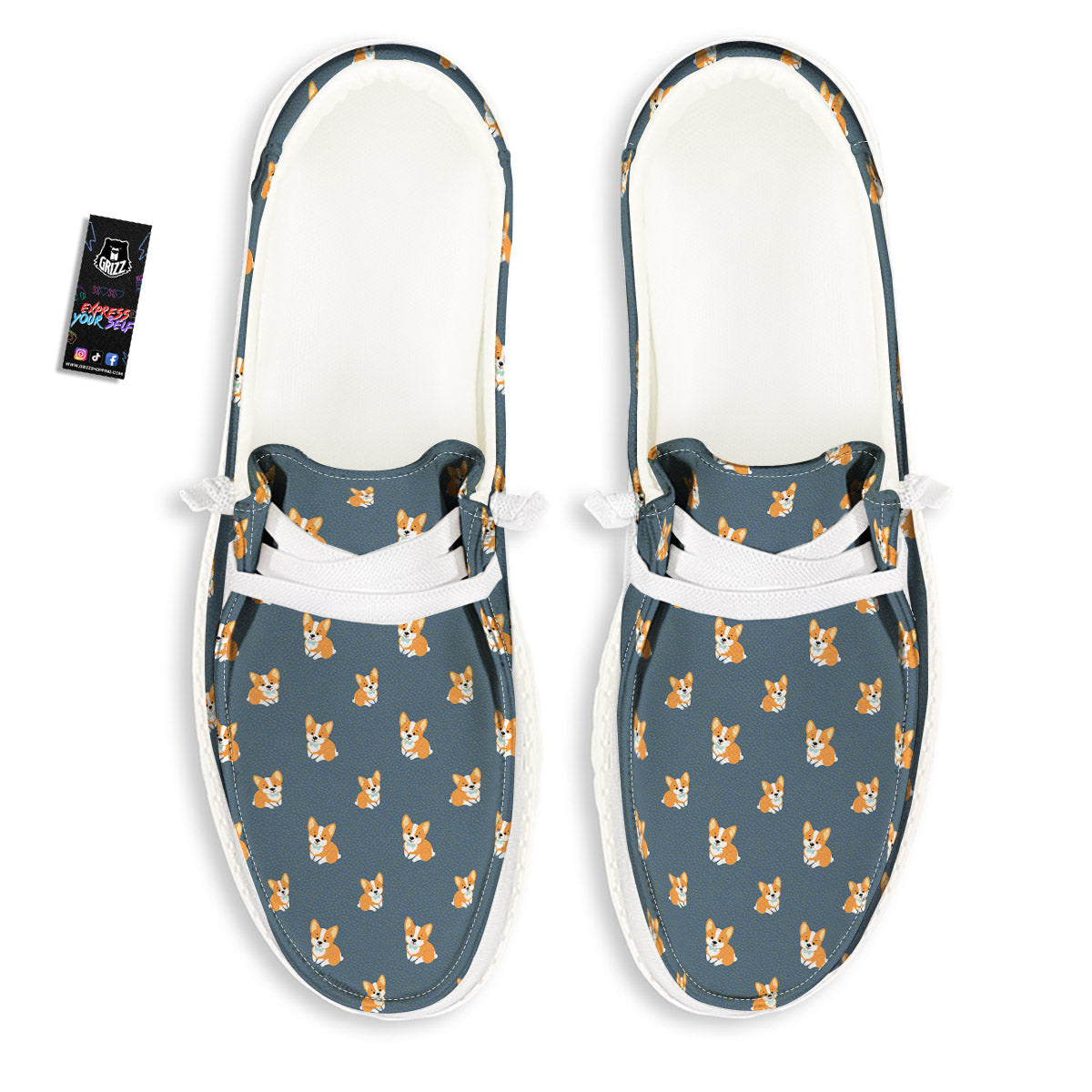 Bunny Corgi Print Pattern White Loafers-grizzshop