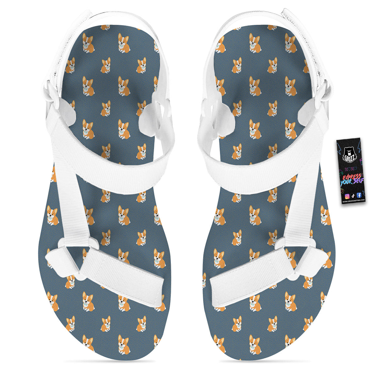 Bunny Corgi Print Pattern White Open Toe Sandals-grizzshop