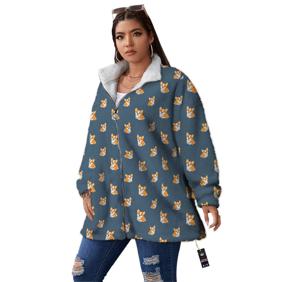 Bunny Corgi Print Pattern Women's Sherpa Jacket-grizzshop