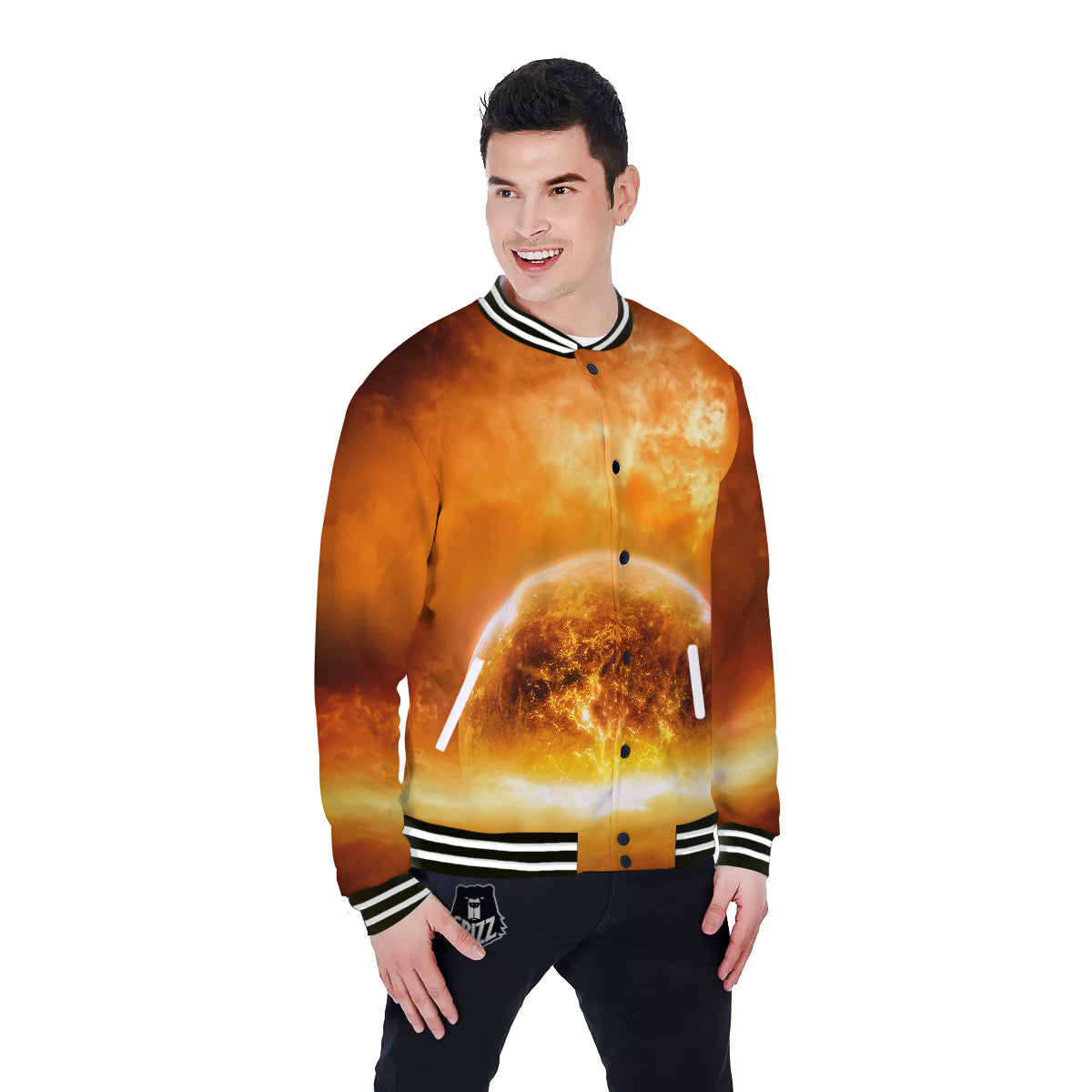 Burning Apocalyptic Planet Earth Print Baseball Jacket-grizzshop