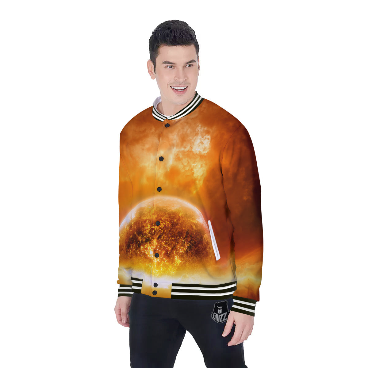 Burning Apocalyptic Planet Earth Print Baseball Jacket-grizzshop