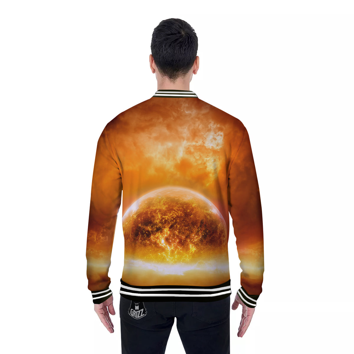 Burning Apocalyptic Planet Earth Print Baseball Jacket-grizzshop