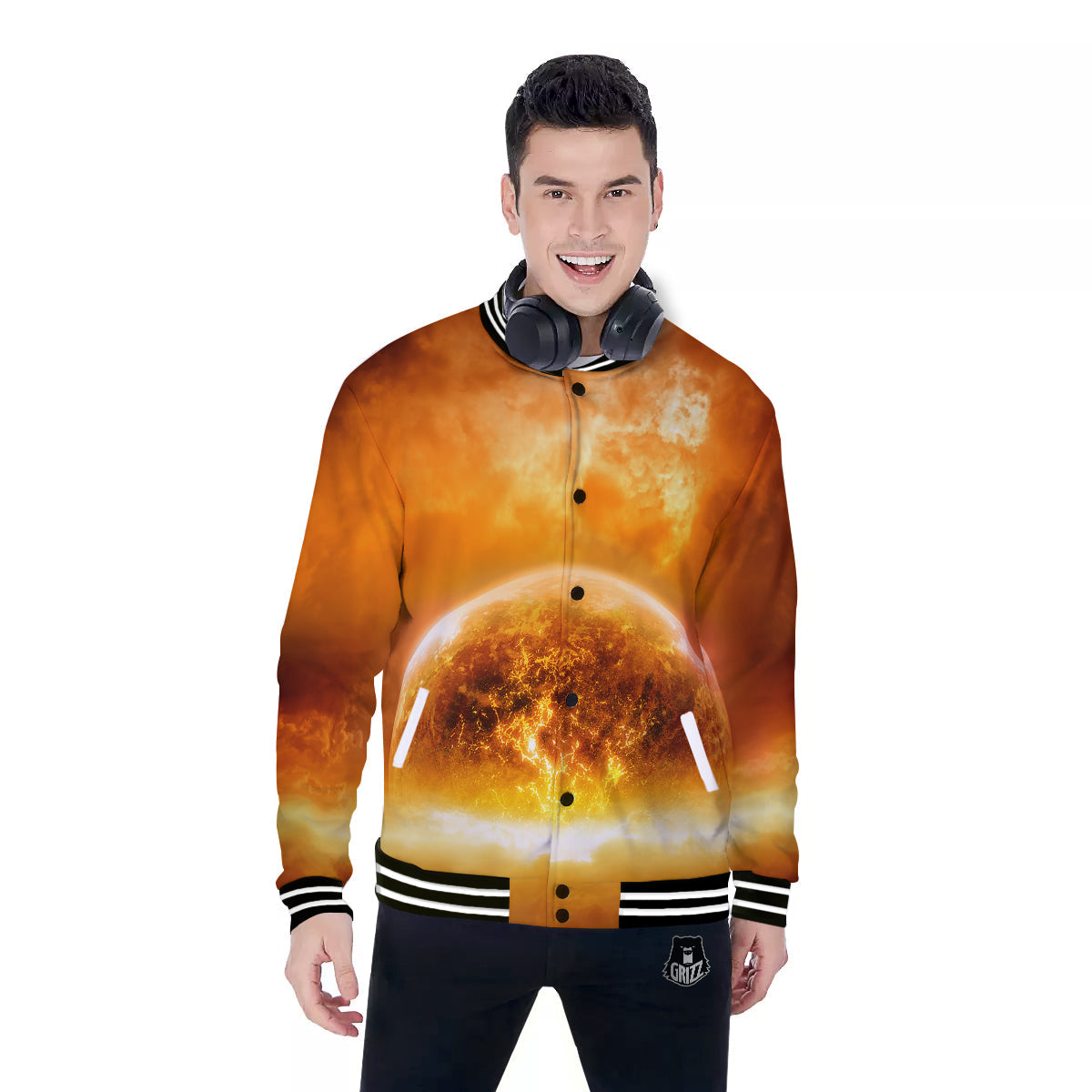 Burning Apocalyptic Planet Earth Print Baseball Jacket-grizzshop